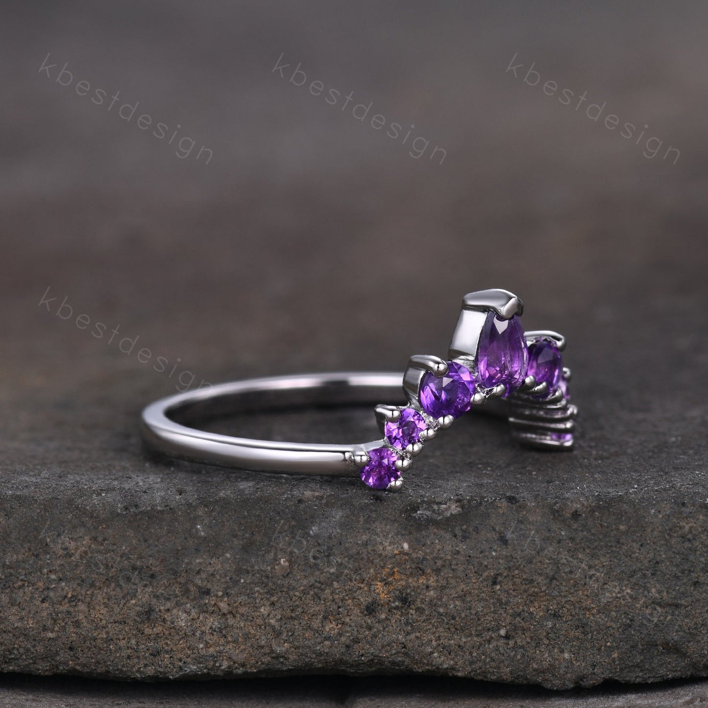 Curved Amethyst Wedding Band, Purple Amethyst Stacking Ring, February Birthstone Ring, Art Deco Matching Band, Anniversary gift for women