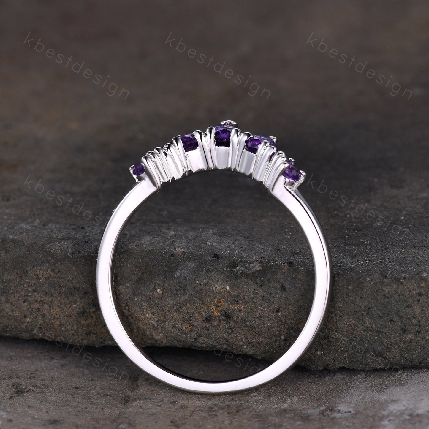 Curved Amethyst Wedding Band, Purple Amethyst Stacking Ring, February Birthstone Ring, Art Deco Matching Band, Anniversary gift for women