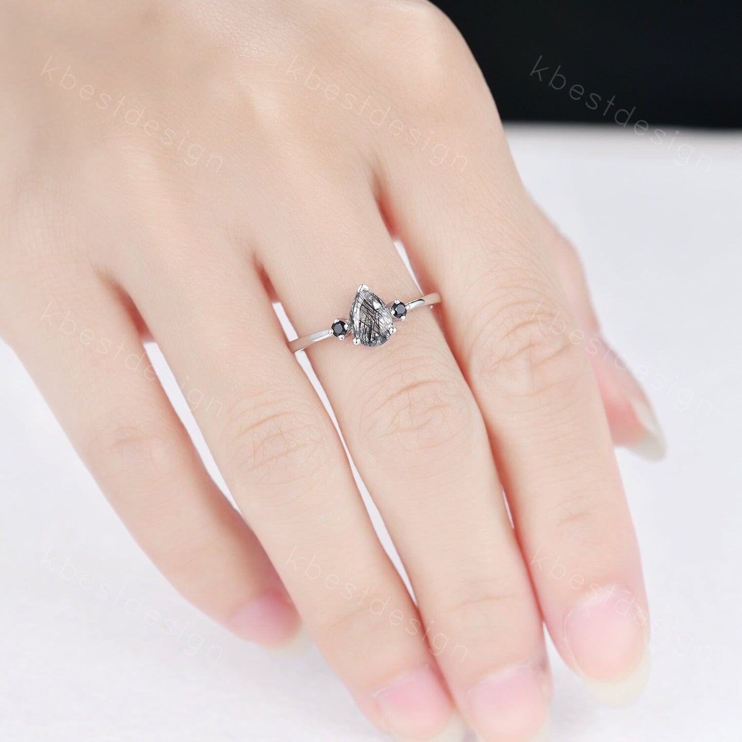 Pear Shaped Black Quartz Rutilated Engagement Ring Dainty Silver Ring Black Gemstone Ring Antique Bridal Ring Anniversary Gift Handmade Ring