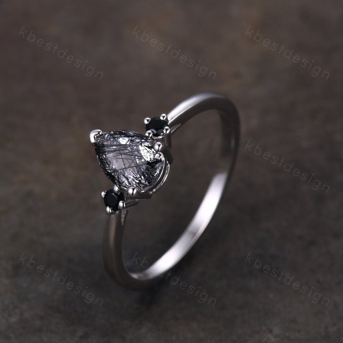 Pear Shaped Black Quartz Rutilated Engagement Ring Dainty Silver Ring Black Gemstone Ring Antique Bridal Ring Anniversary Gift Handmade Ring