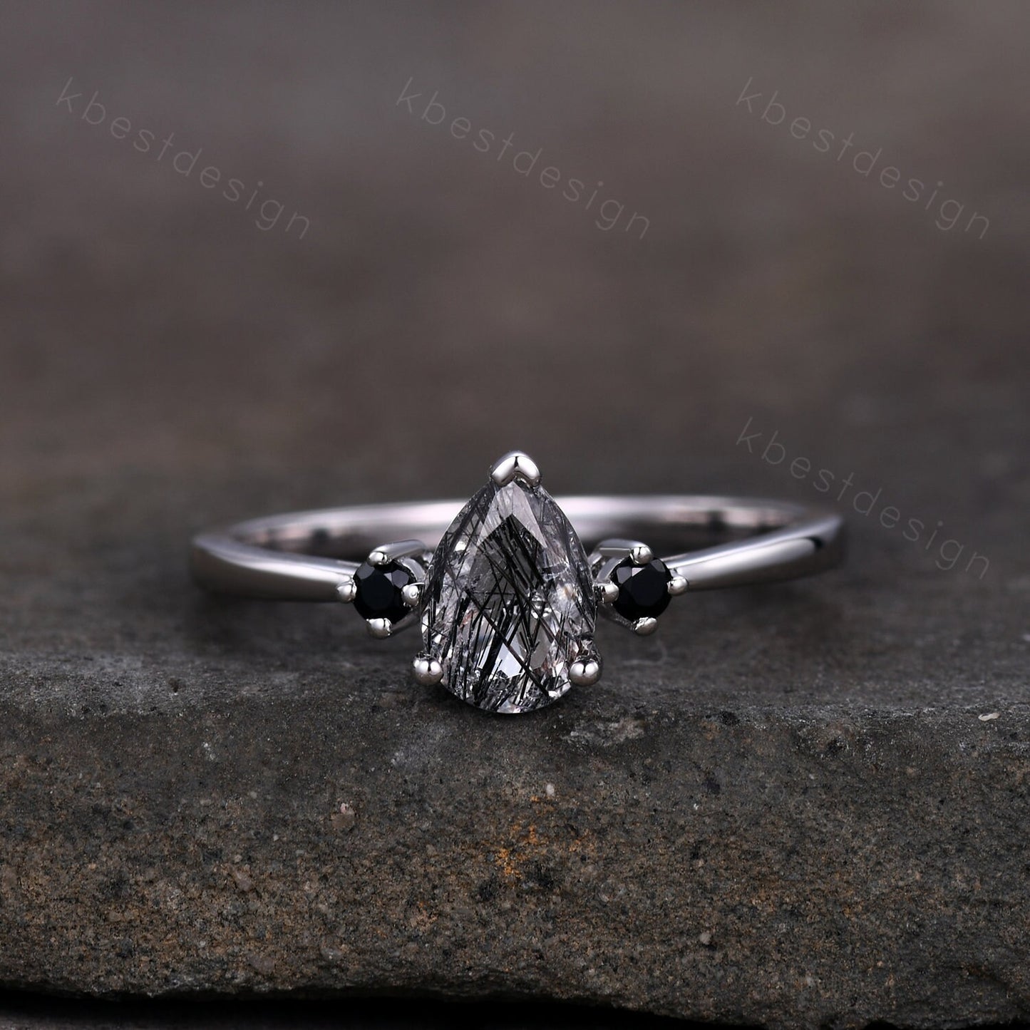 Pear Shaped Black Quartz Rutilated Engagement Ring Dainty Silver Ring Black Gemstone Ring Antique Bridal Ring Anniversary Gift Handmade Ring