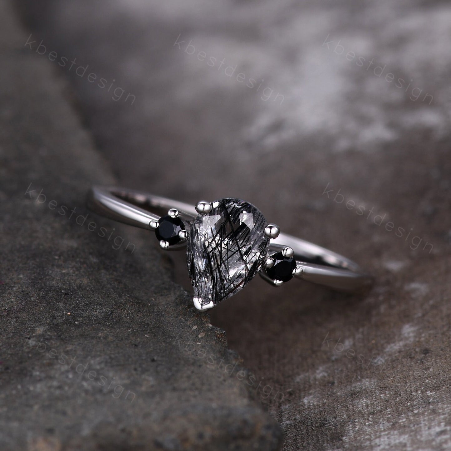 Pear Shaped Black Quartz Rutilated Engagement Ring Dainty Silver Ring Black Gemstone Ring Antique Bridal Ring Anniversary Gift Handmade Ring