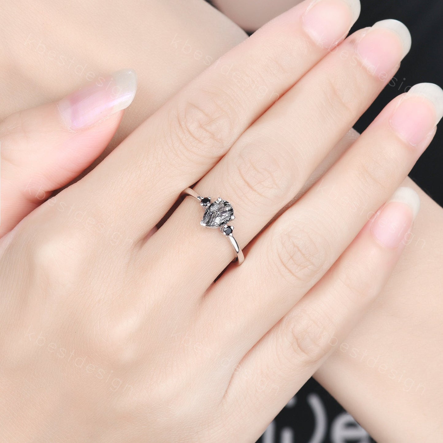 Pear Shaped Black Quartz Rutilated Engagement Ring Dainty Silver Ring Black Gemstone Ring Antique Bridal Ring Anniversary Gift Handmade Ring