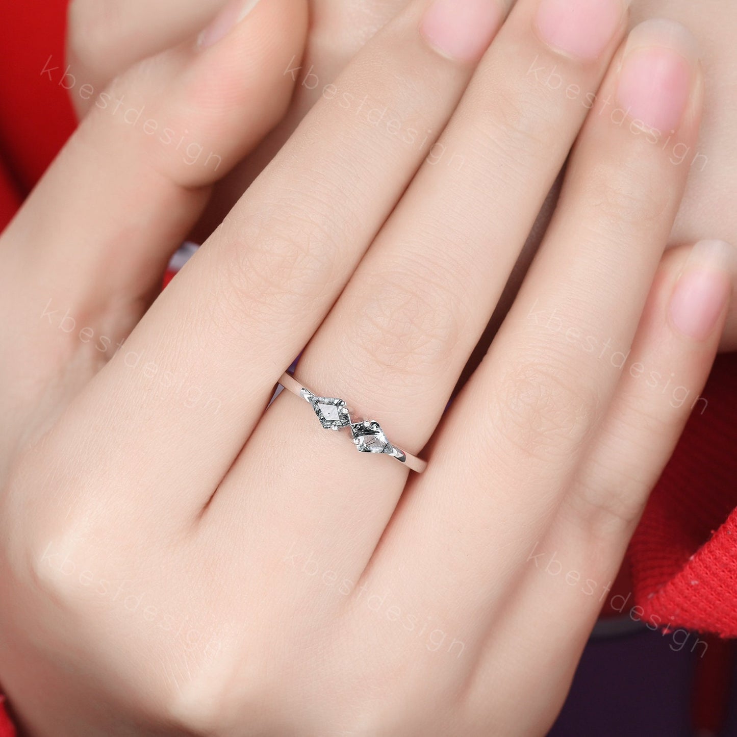 Kite cut natural black rutilated quartz ring unique black stone ring Two stone ring silver art deco stacking ring women anniversary band