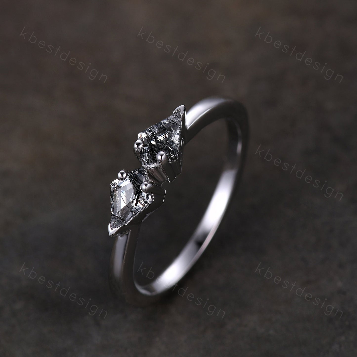Kite cut natural black rutilated quartz ring unique black stone ring Two stone ring silver art deco stacking ring women anniversary band