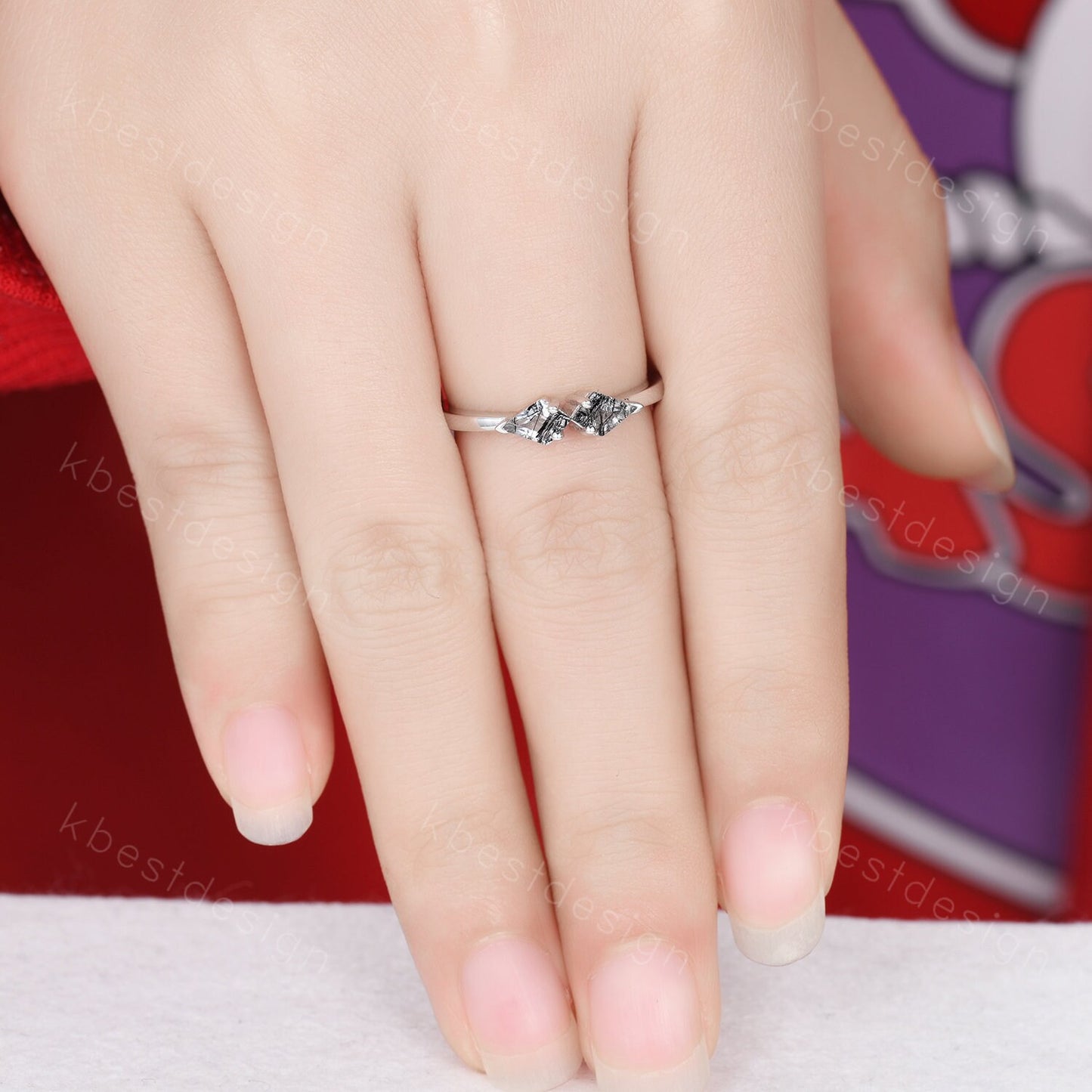 Kite cut natural black rutilated quartz ring unique black stone ring Two stone ring silver art deco stacking ring women anniversary band