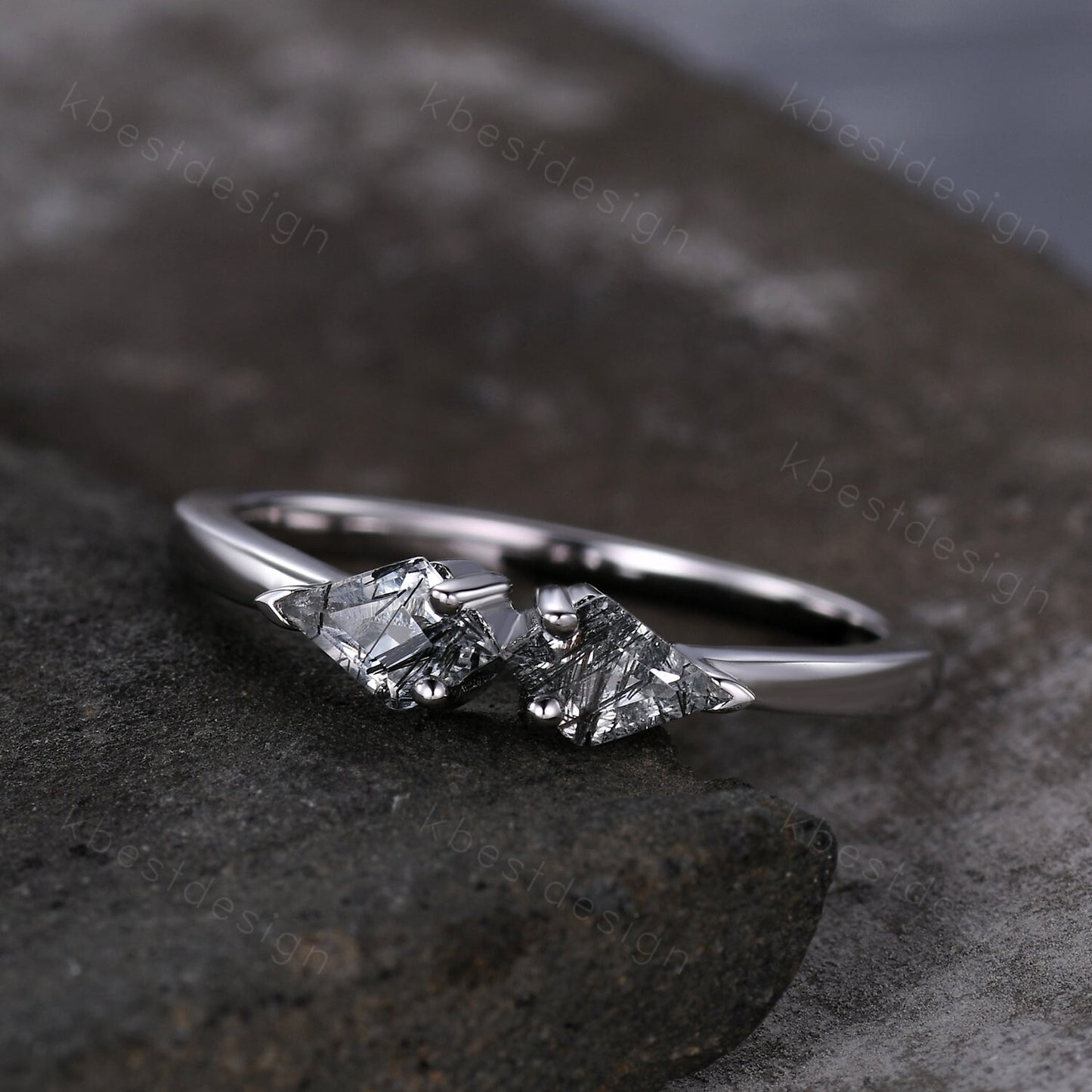 Kite cut natural black rutilated quartz ring unique black stone ring Two stone ring silver art deco stacking ring women anniversary band