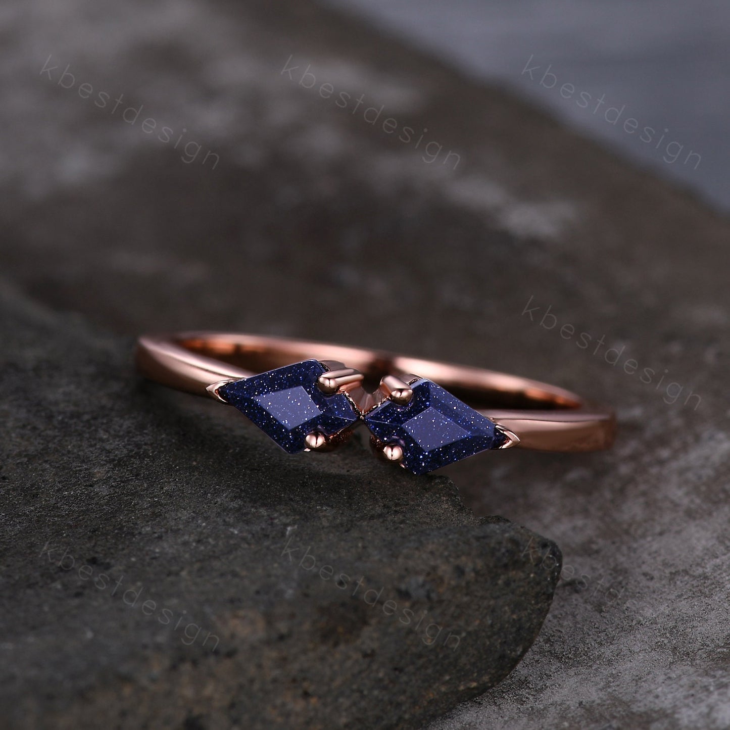 Kite cut blue sandstone wedding band solid 14k rose gold stacking unique vintage wedding ring band for women anniversary ring gift