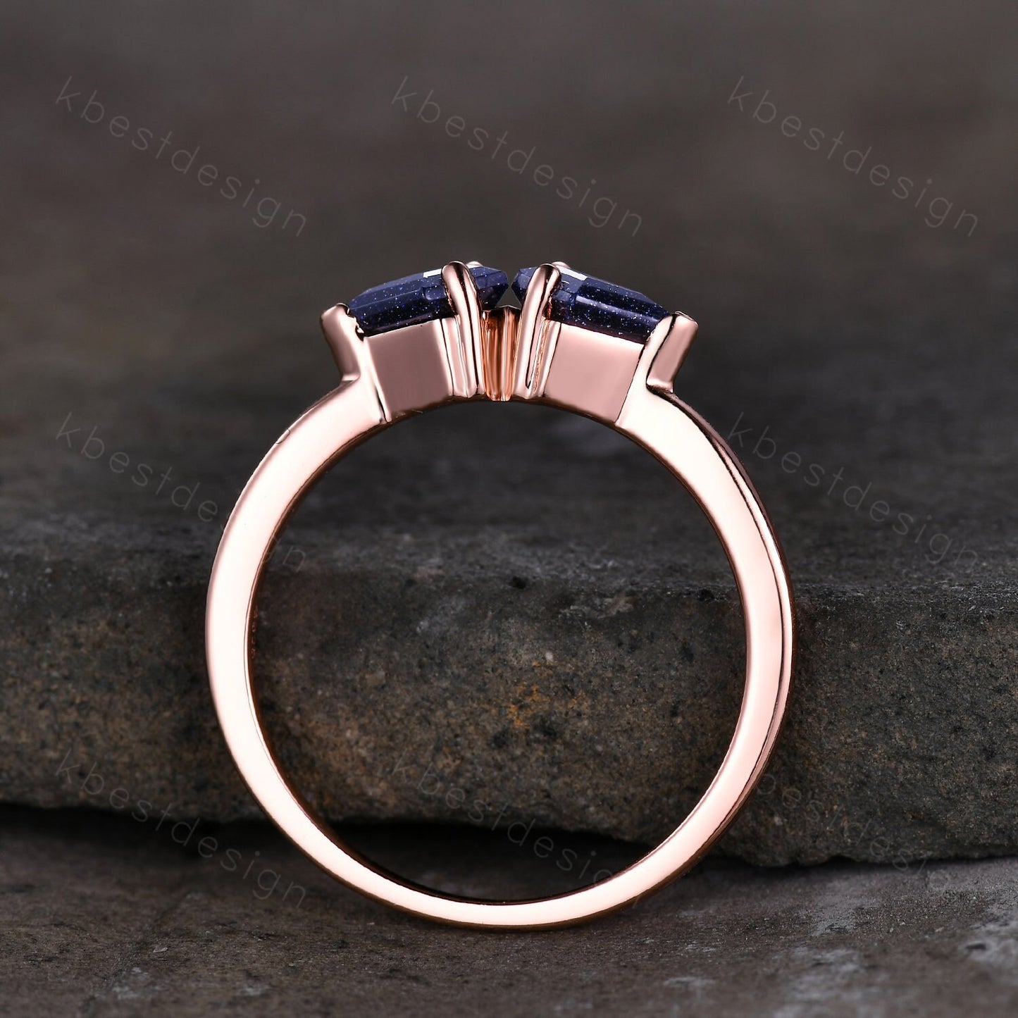 Kite cut blue sandstone wedding band solid 14k rose gold stacking unique vintage wedding ring band for women anniversary ring gift
