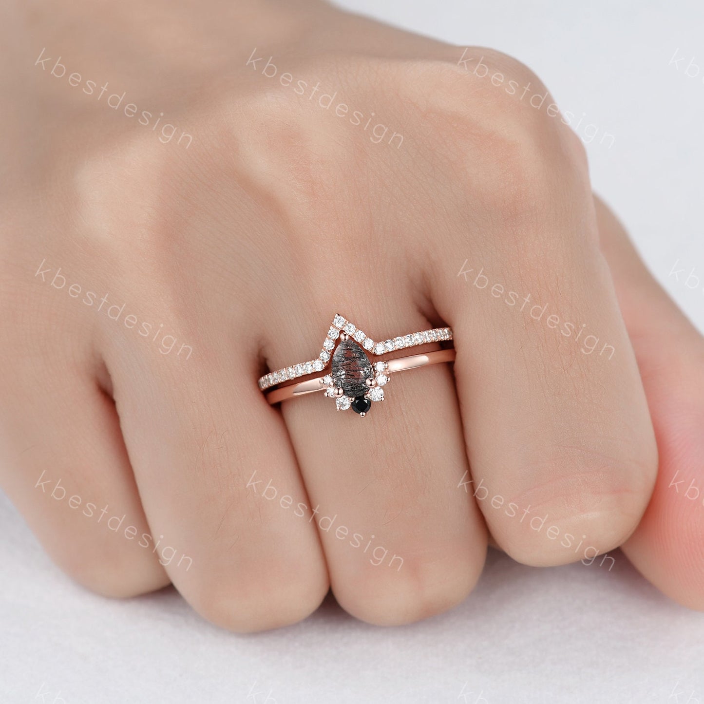 Dainty Black Rutilated Quartz Engagement Ring Set Rose Gold Art Deco Moissanite Stacking Band Minimalist Ring Unique Wedding Bridal Ring Set