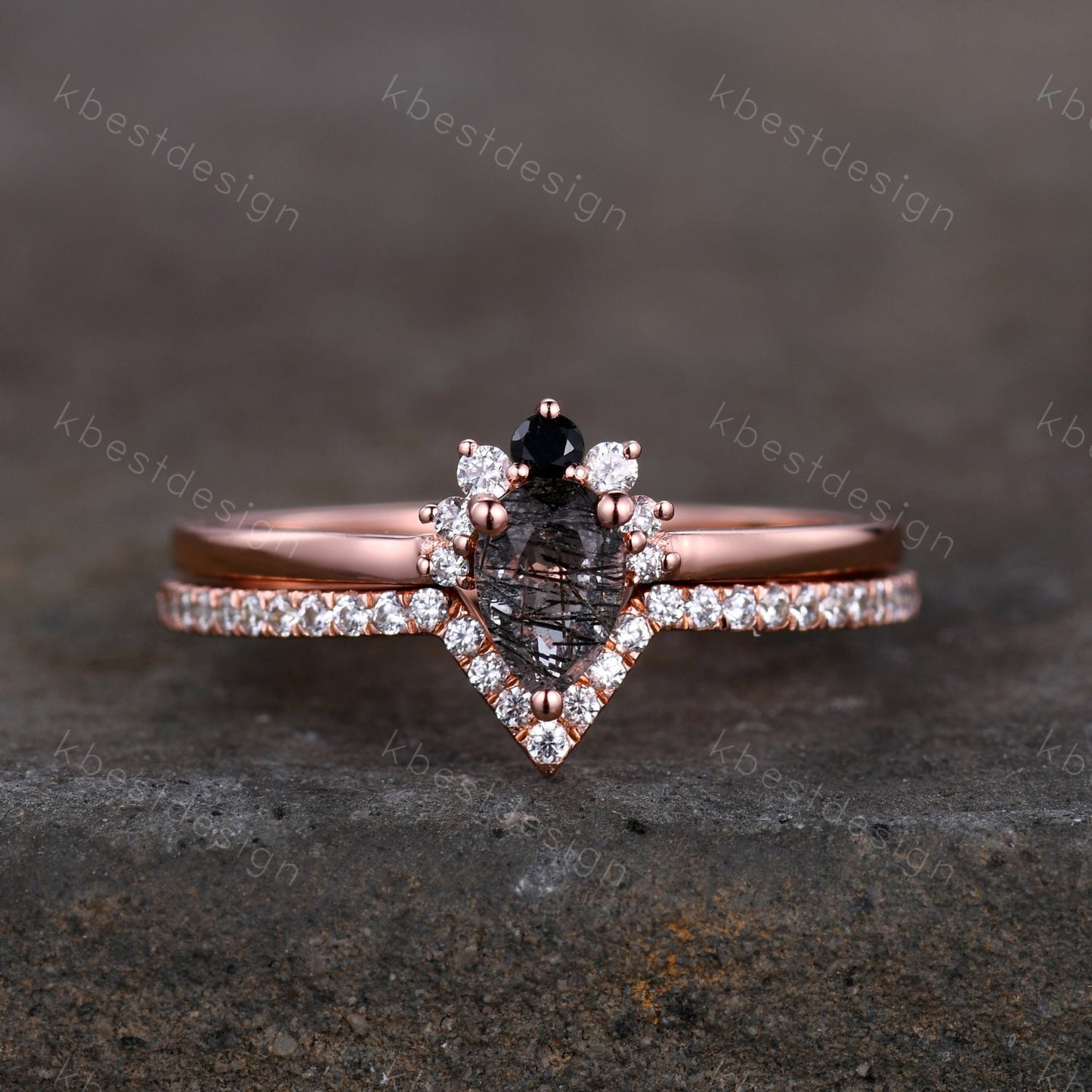 Dainty Black Rutilated Quartz Engagement Ring Set Rose Gold Art Deco Moissanite Stacking Band Minimalist Ring Unique Wedding Bridal Ring Set