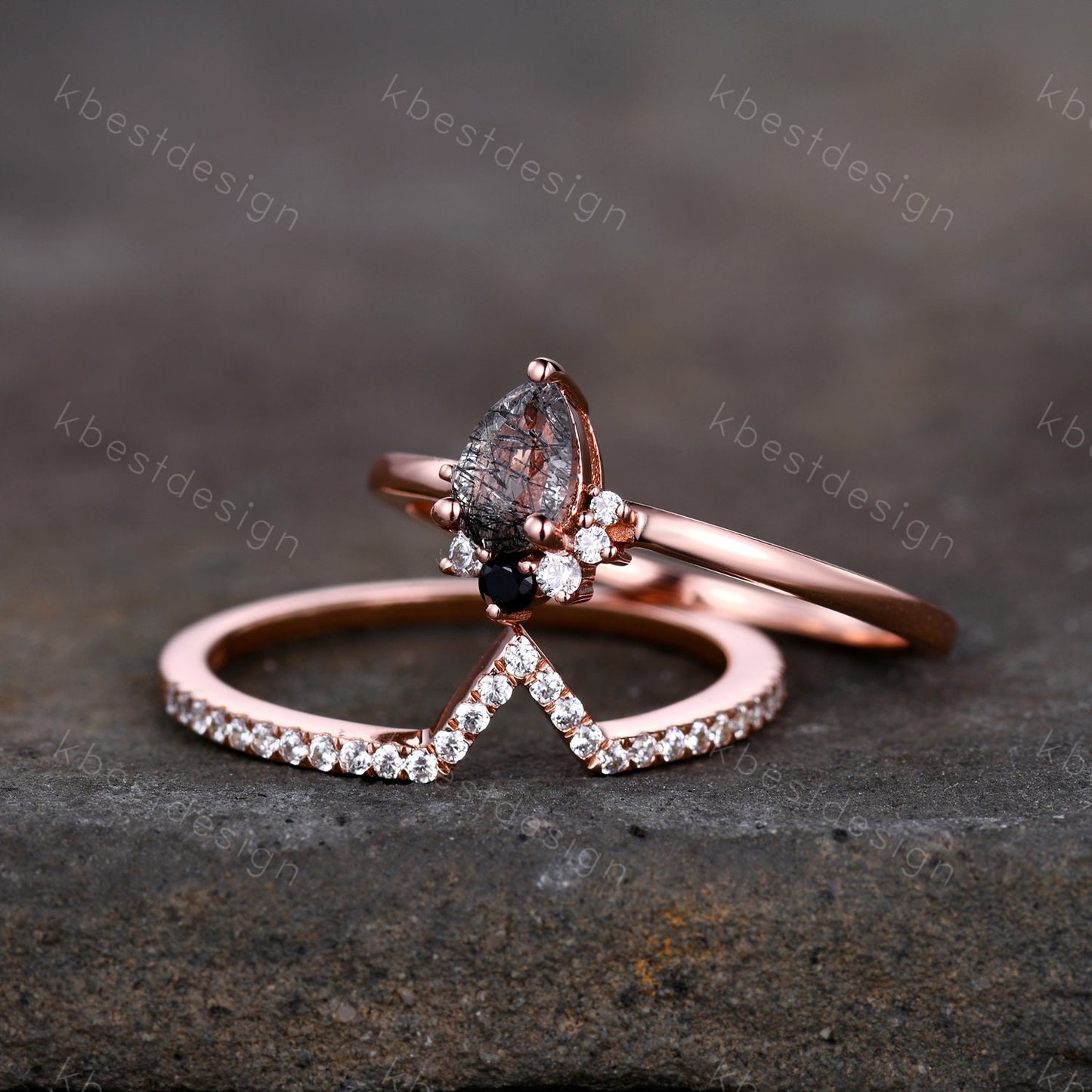 Dainty Black Rutilated Quartz Engagement Ring Set Rose Gold Art Deco Moissanite Stacking Band Minimalist Ring Unique Wedding Bridal Ring Set