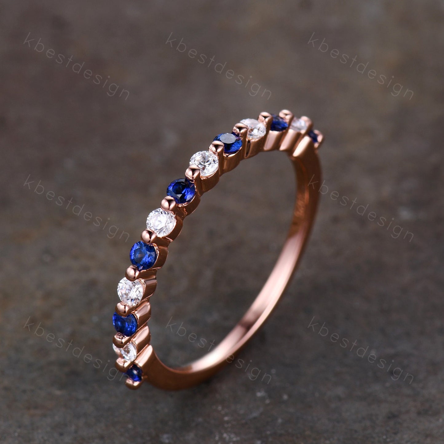 Half eternity Sapphire Moissanite Wedding Band Rose Gold Sapphire Band Unique Moissanite Stacking Band Minimalist Bridal Anniversary Ring
