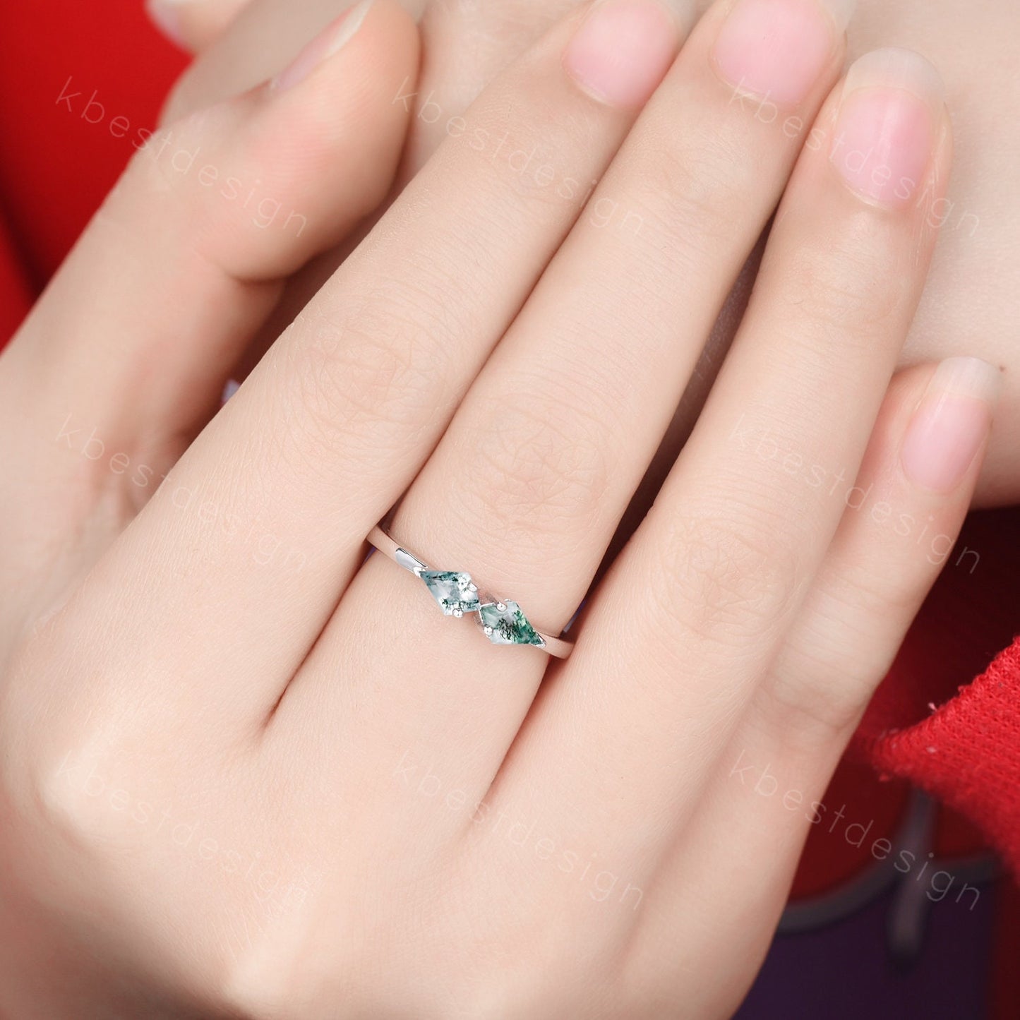 Unique kite cut green moss agate wedding ring art deco silver moss agate ring two stone stacking band bridal wedding ring Platinum ring