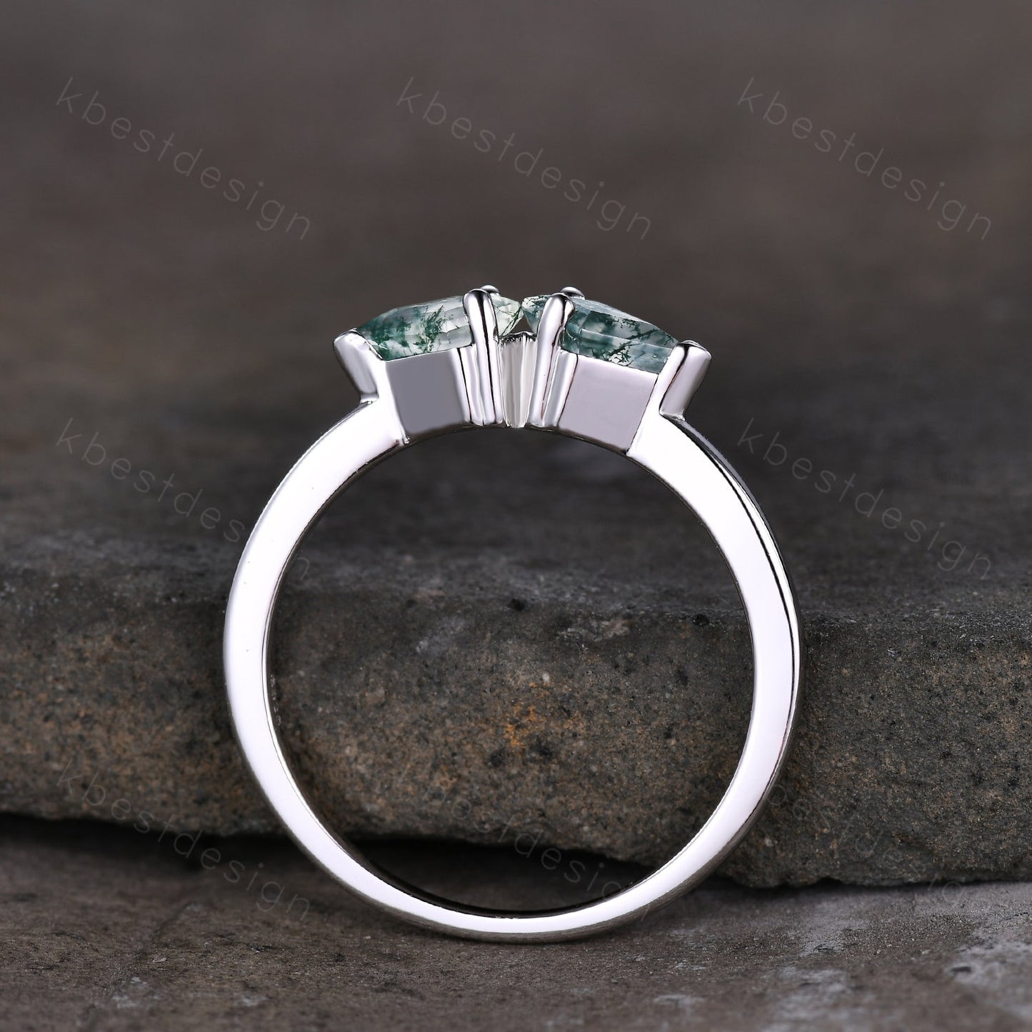 Unique kite cut green moss agate wedding ring art deco silver moss agate ring two stone stacking band bridal wedding ring Platinum ring