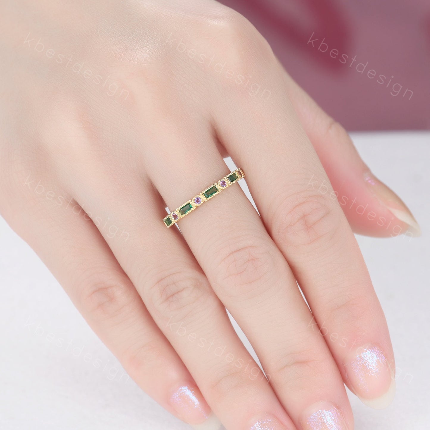 Art Deco Emerald wedding band solid 14k Yellow gold emerald amethyst wedding band vintage baguette Stacking ring women Anniversary band