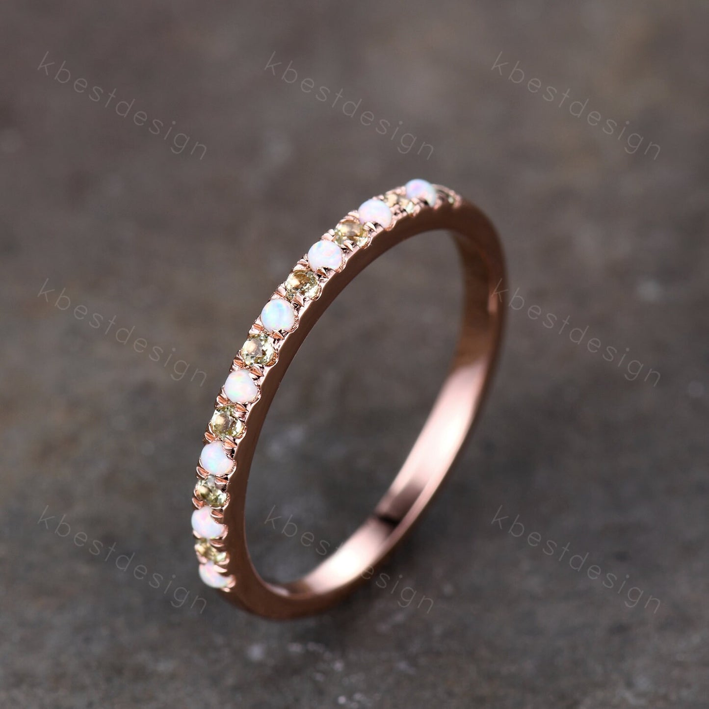 Half Eternity Peridot Opal Wedding Band, Rose Gold Wedding Ring, Opal Wedding Band, Dainty Stacking Matching Band, Anniversary Ring Gift