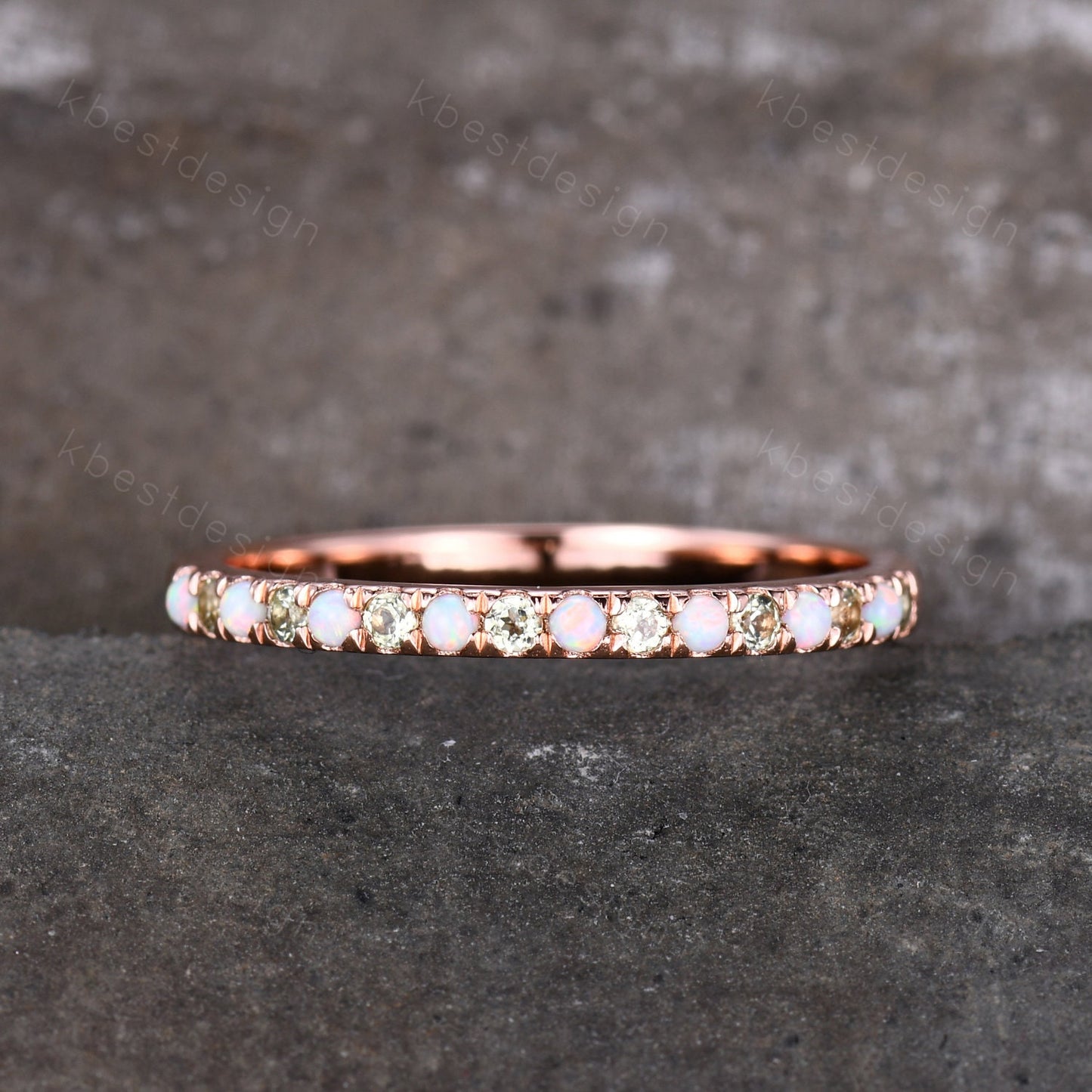 Half Eternity Peridot Opal Wedding Band, Rose Gold Wedding Ring, Opal Wedding Band, Dainty Stacking Matching Band, Anniversary Ring Gift