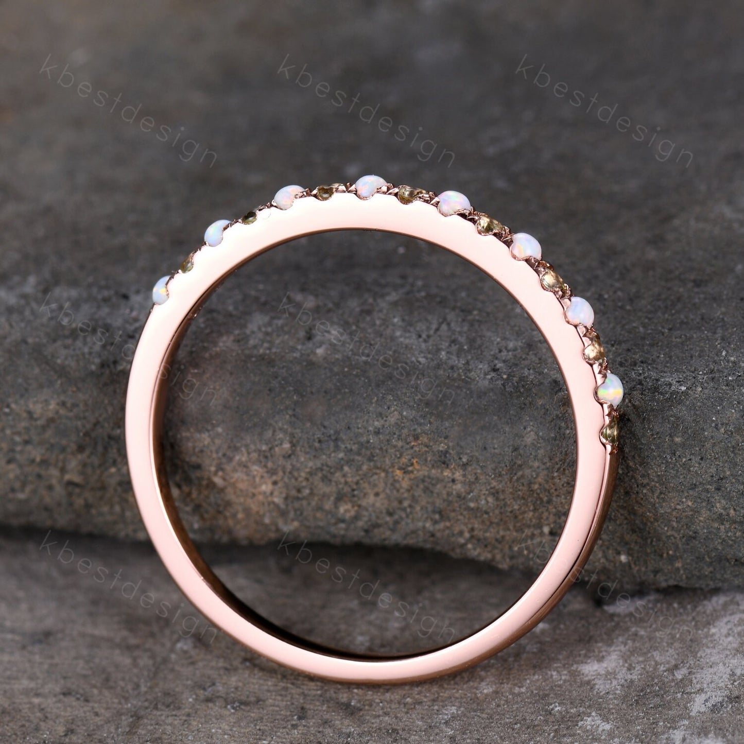 Half Eternity Peridot Opal Wedding Band, Rose Gold Wedding Ring, Opal Wedding Band, Dainty Stacking Matching Band, Anniversary Ring Gift
