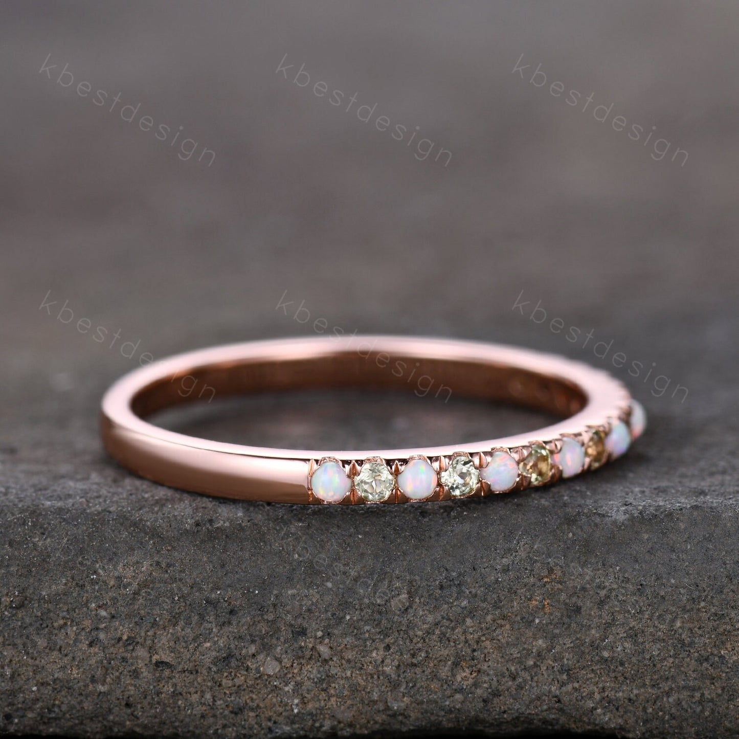 Half Eternity Peridot Opal Wedding Band, Rose Gold Wedding Ring, Opal Wedding Band, Dainty Stacking Matching Band, Anniversary Ring Gift