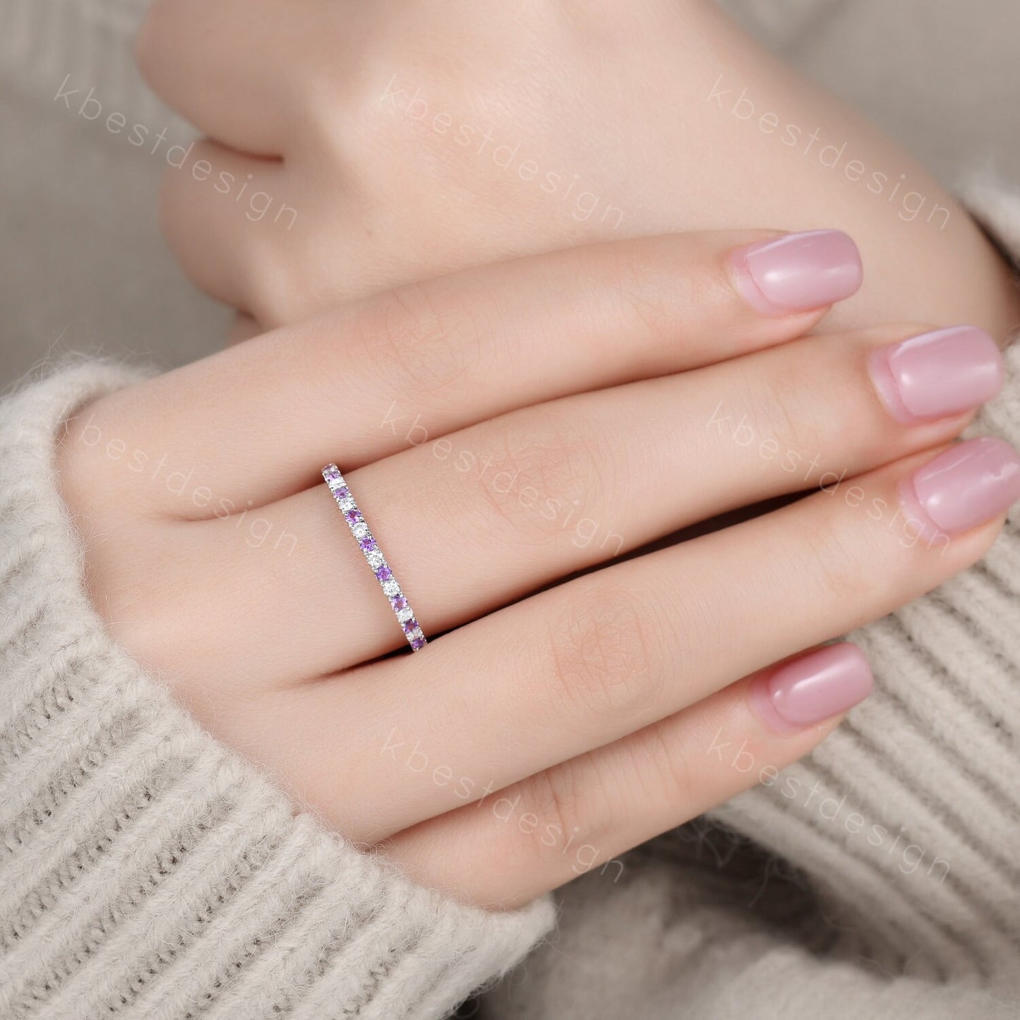 Delicate Amethyst Wedding Band Silver Amethyst Moissanite Band Minimalist Stackable Ring Half Eternity Wedding Band Promise Anniversary Ring