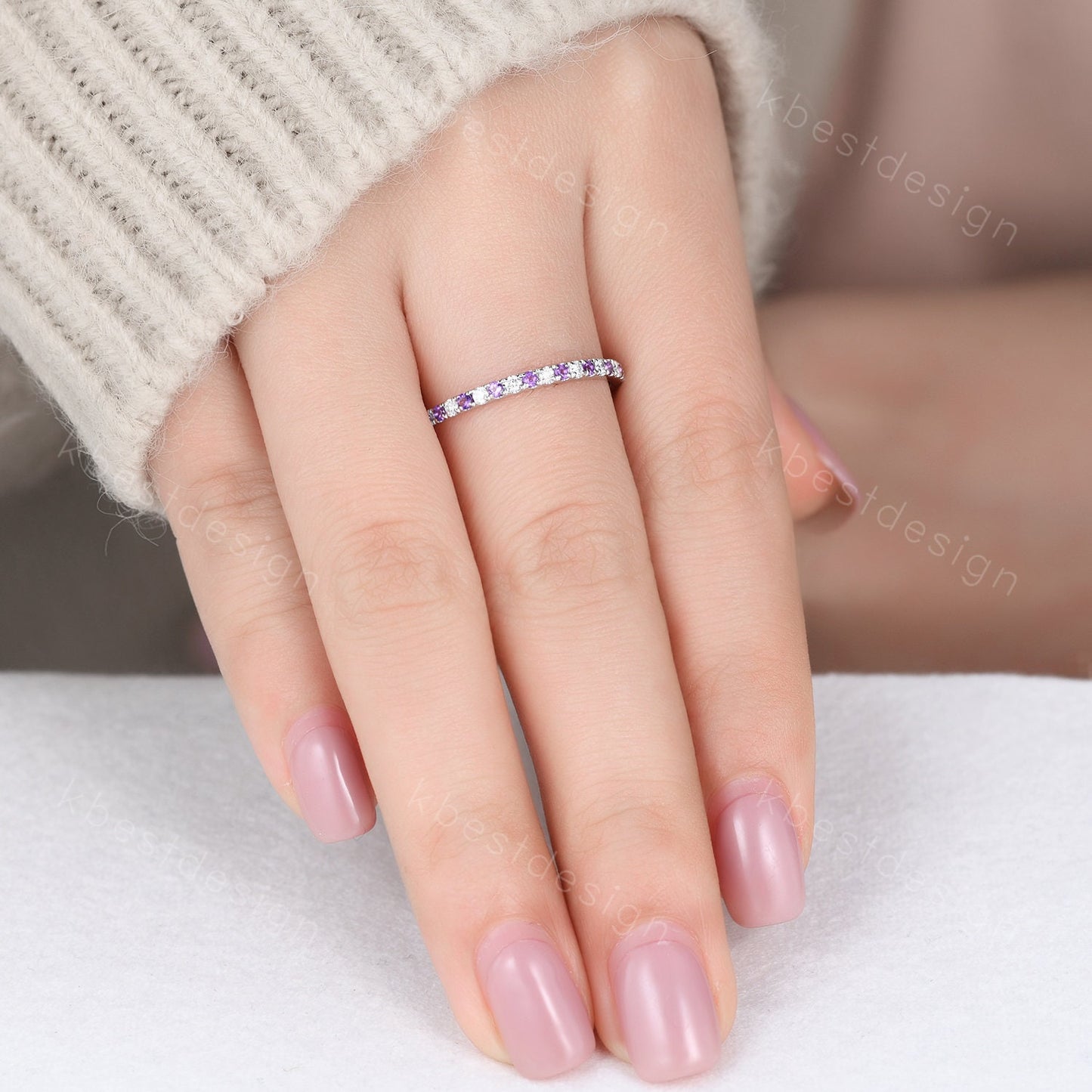 Delicate Amethyst Wedding Band Silver Amethyst Moissanite Band Minimalist Stackable Ring Half Eternity Wedding Band Promise Anniversary Ring
