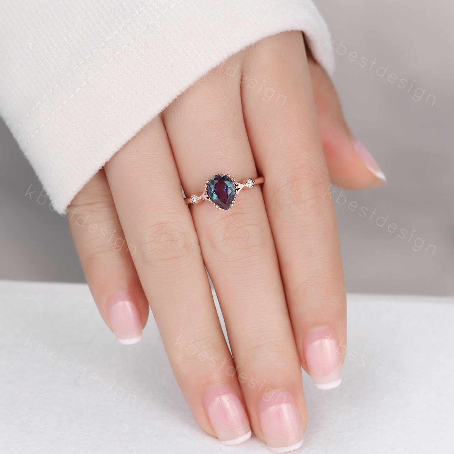 Pear shaped Alexandrite engagement ring vintage unique Alexandrite ring rose gold ring art deco milgrain bridal wedding ring June Birthstone