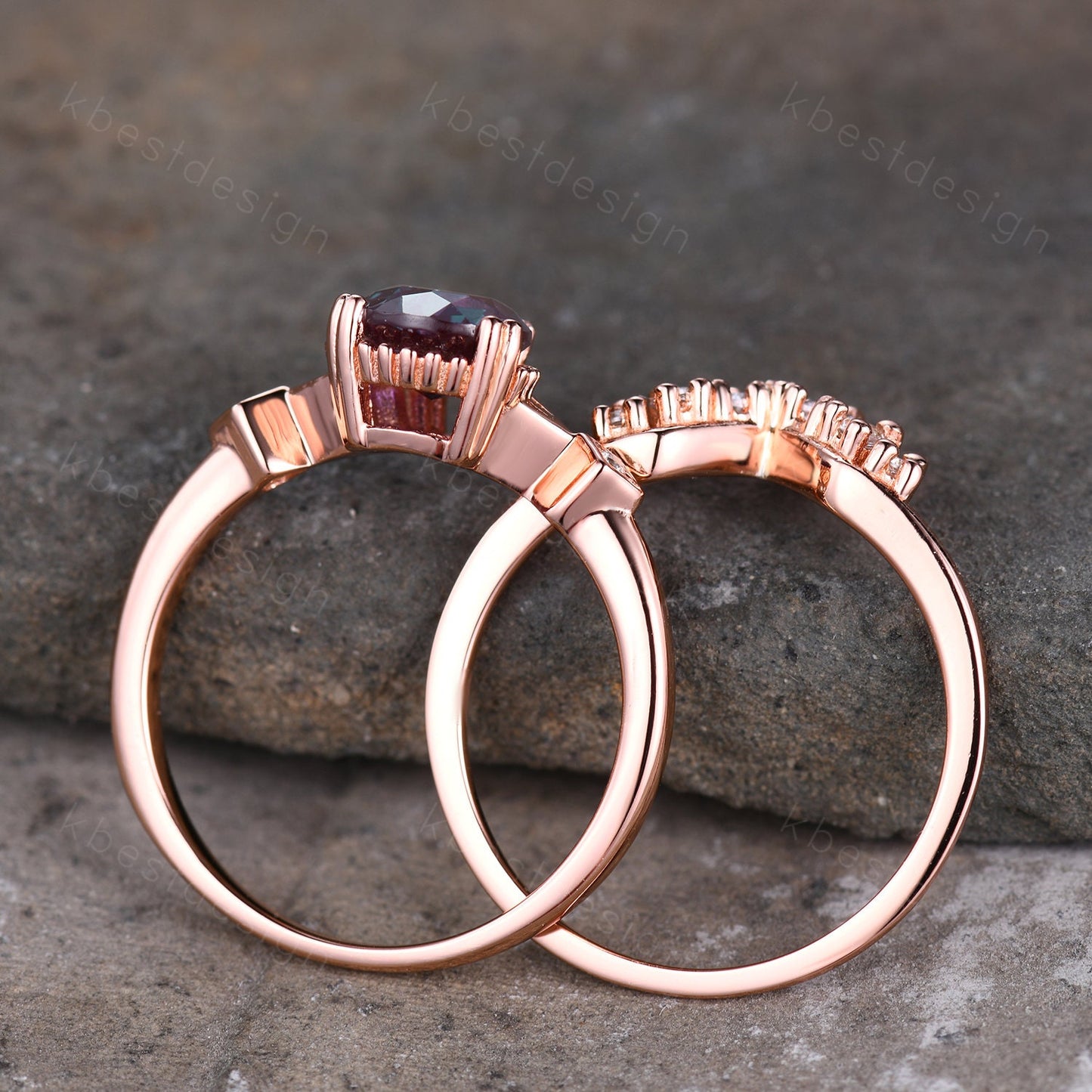 Pear shaped Alexandrite bridal ring set vintage Alexandrite engagement ring set unique curved moissanite wedding ring promise ring set