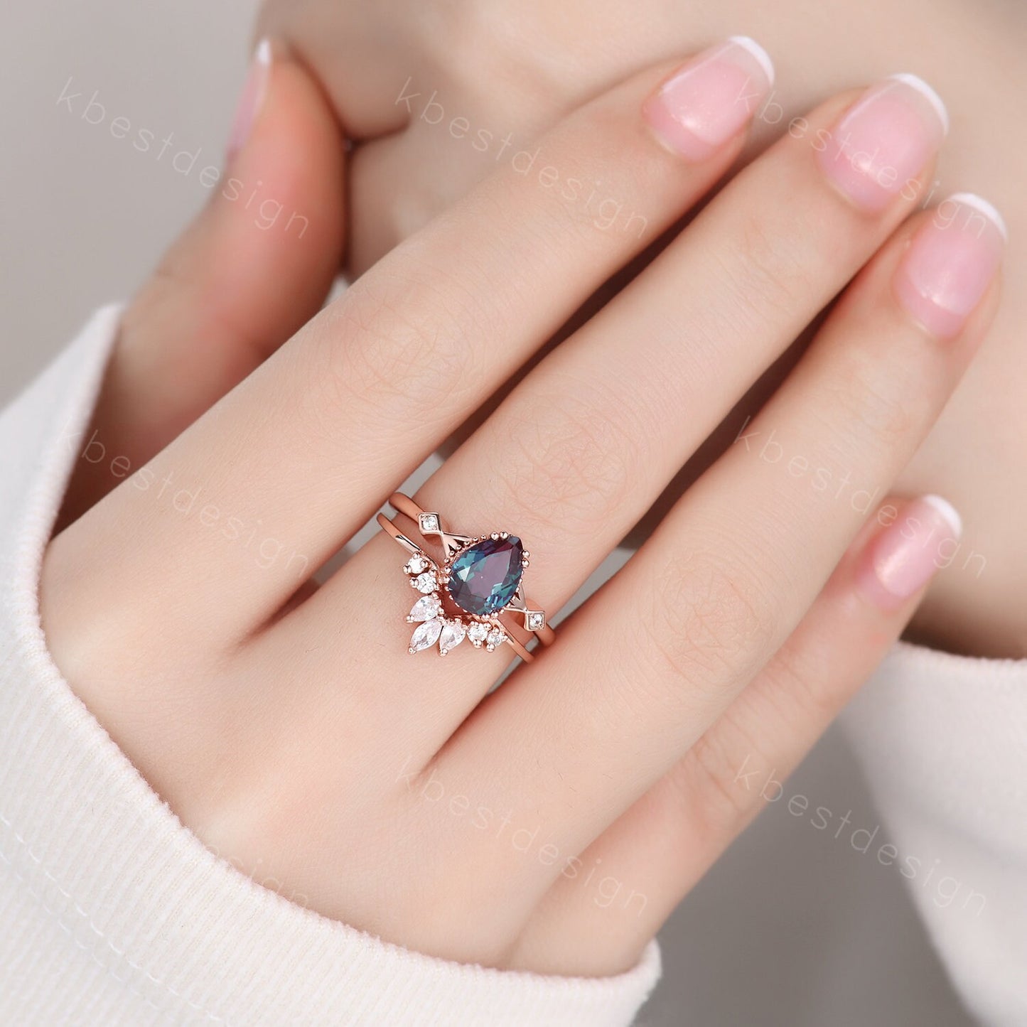 Pear shaped Alexandrite bridal ring set vintage Alexandrite engagement ring set unique curved moissanite wedding ring promise ring set