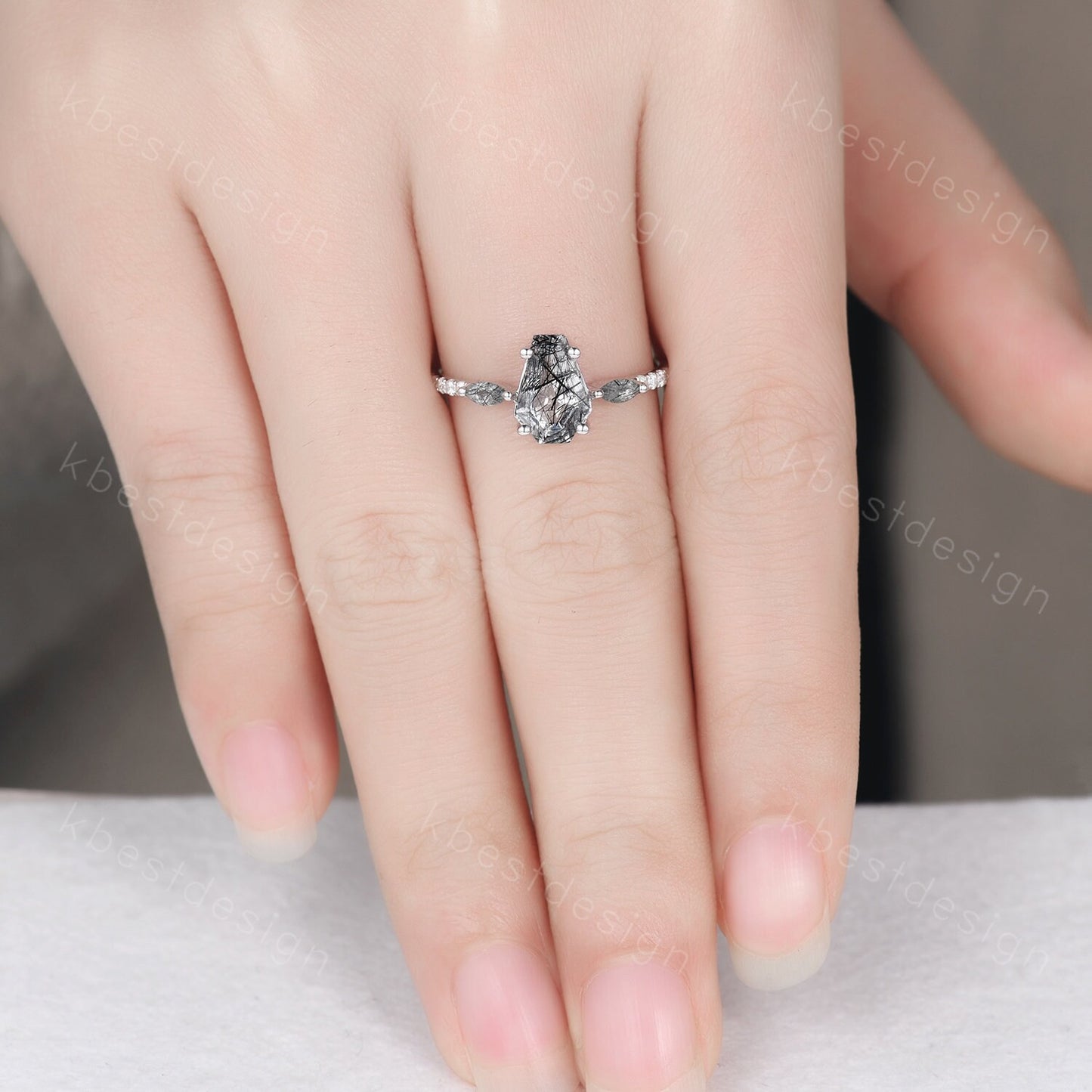 Vintage coffin cut black rutilated quartz engagement ring Marquise cut ring sterling silver unique ring Moissanite accents Anniversary ring