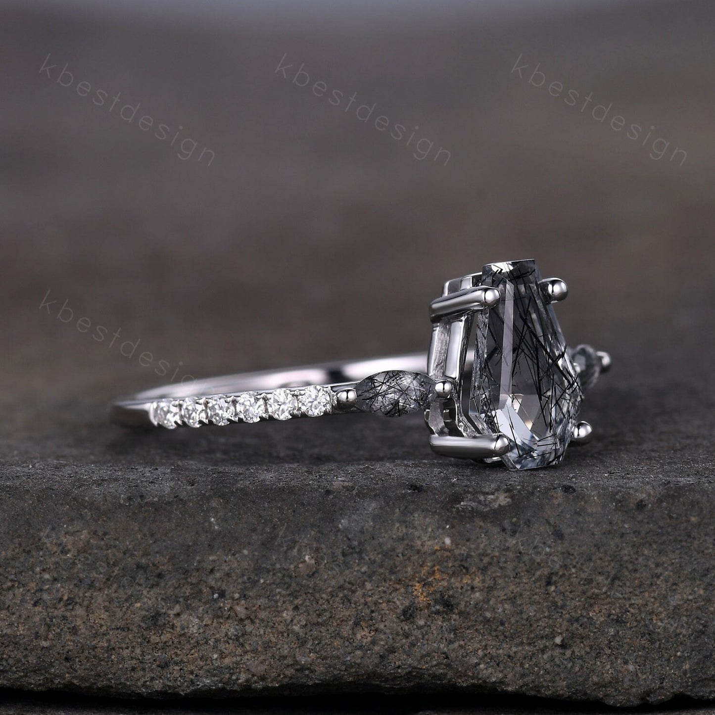 Vintage coffin cut black rutilated quartz engagement ring Marquise cut ring sterling silver unique ring Moissanite accents Anniversary ring