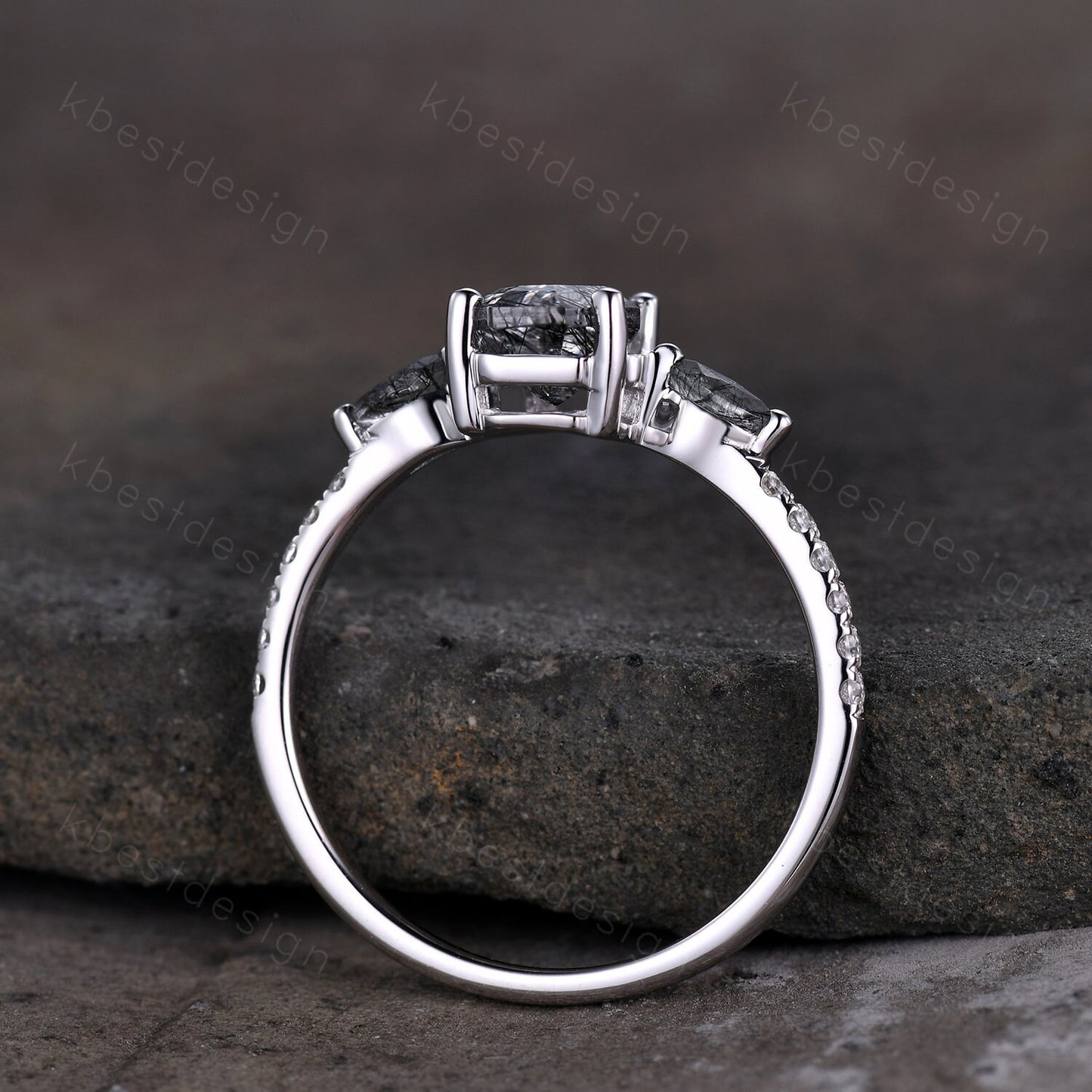 Vintage coffin cut black rutilated quartz engagement ring Marquise cut ring sterling silver unique ring Moissanite accents Anniversary ring