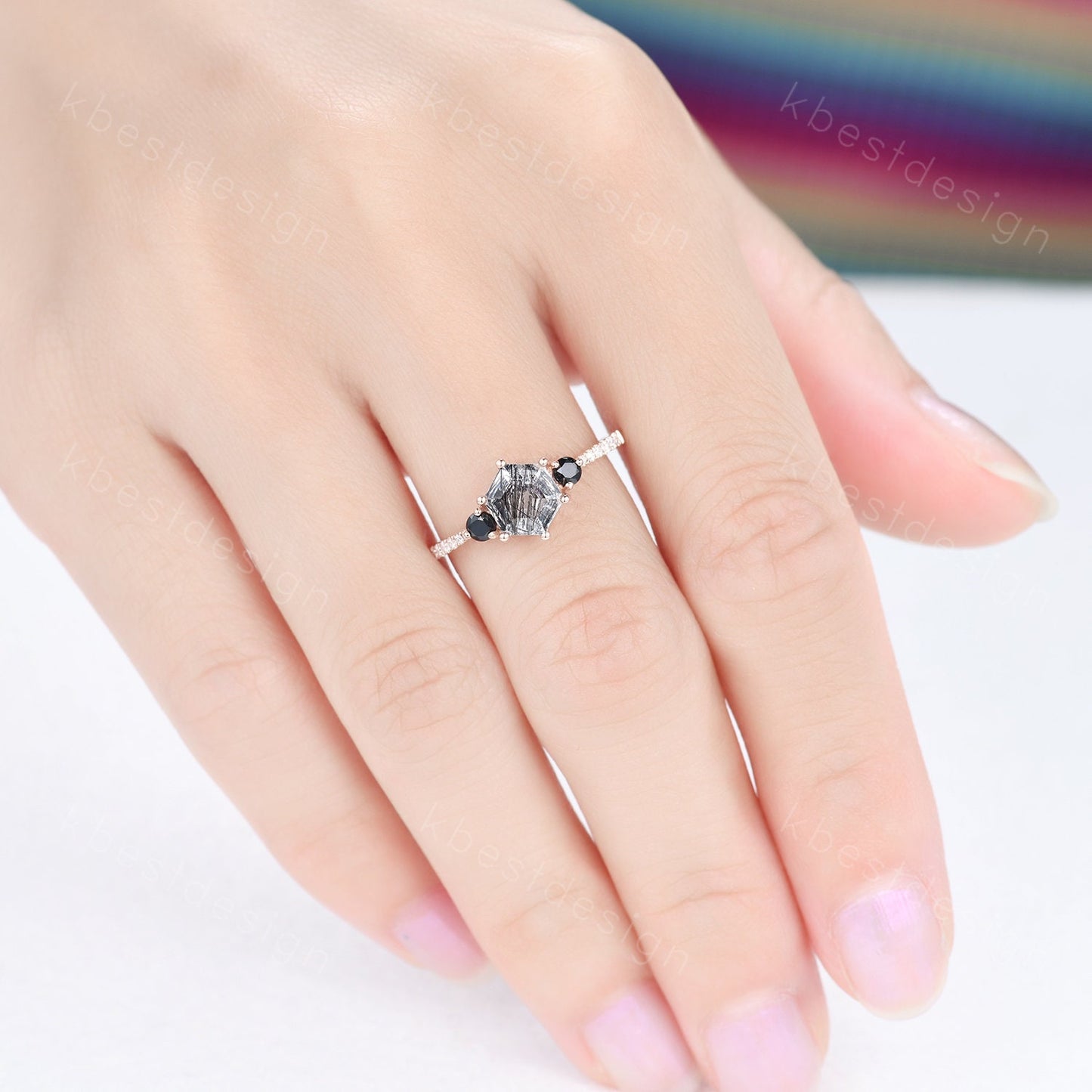 Oval cut black rutilated quartz engagement ring solid 14k yellow gold opal ring unique art deco moissanite bridal wedding ring Promise ring