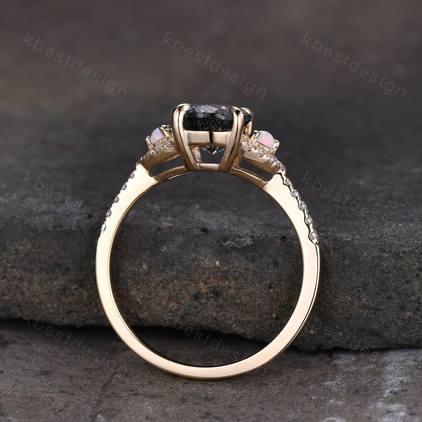 Oval cut black rutilated quartz engagement ring solid 14k yellow gold opal ring unique art deco moissanite bridal wedding ring Promise ring