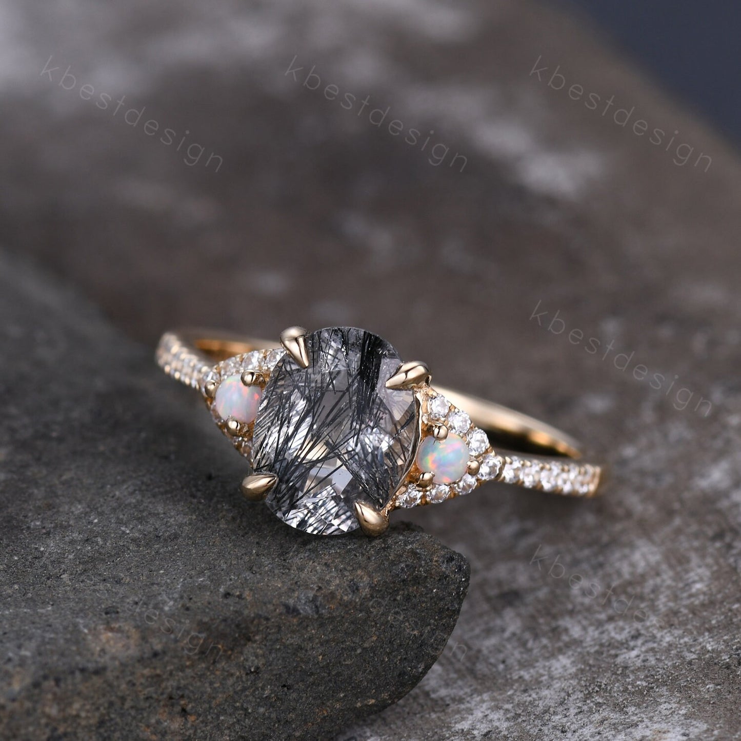 Oval cut black rutilated quartz engagement ring solid 14k yellow gold opal ring unique art deco moissanite bridal wedding ring Promise ring