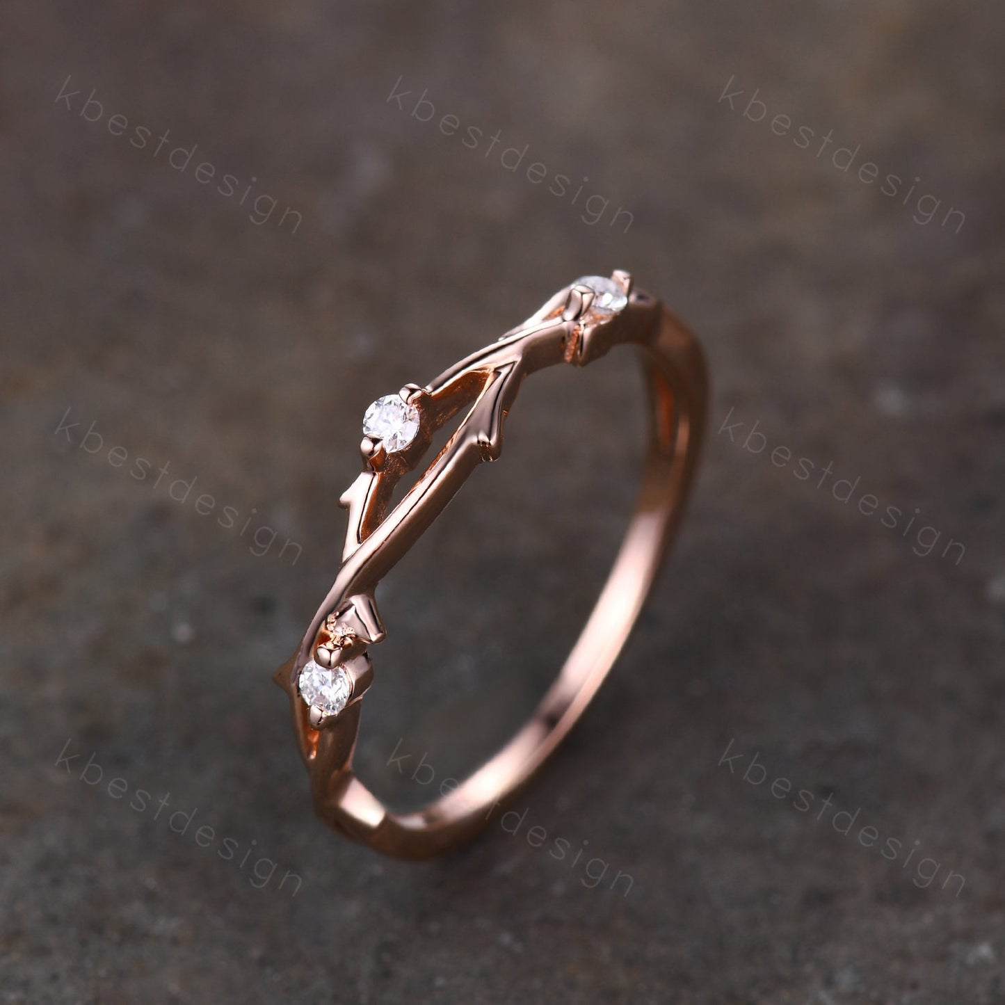 Twig moissanite wedding band rose gold art deco wedding ring for women three stone stacking band unique branch ring anniversary gift