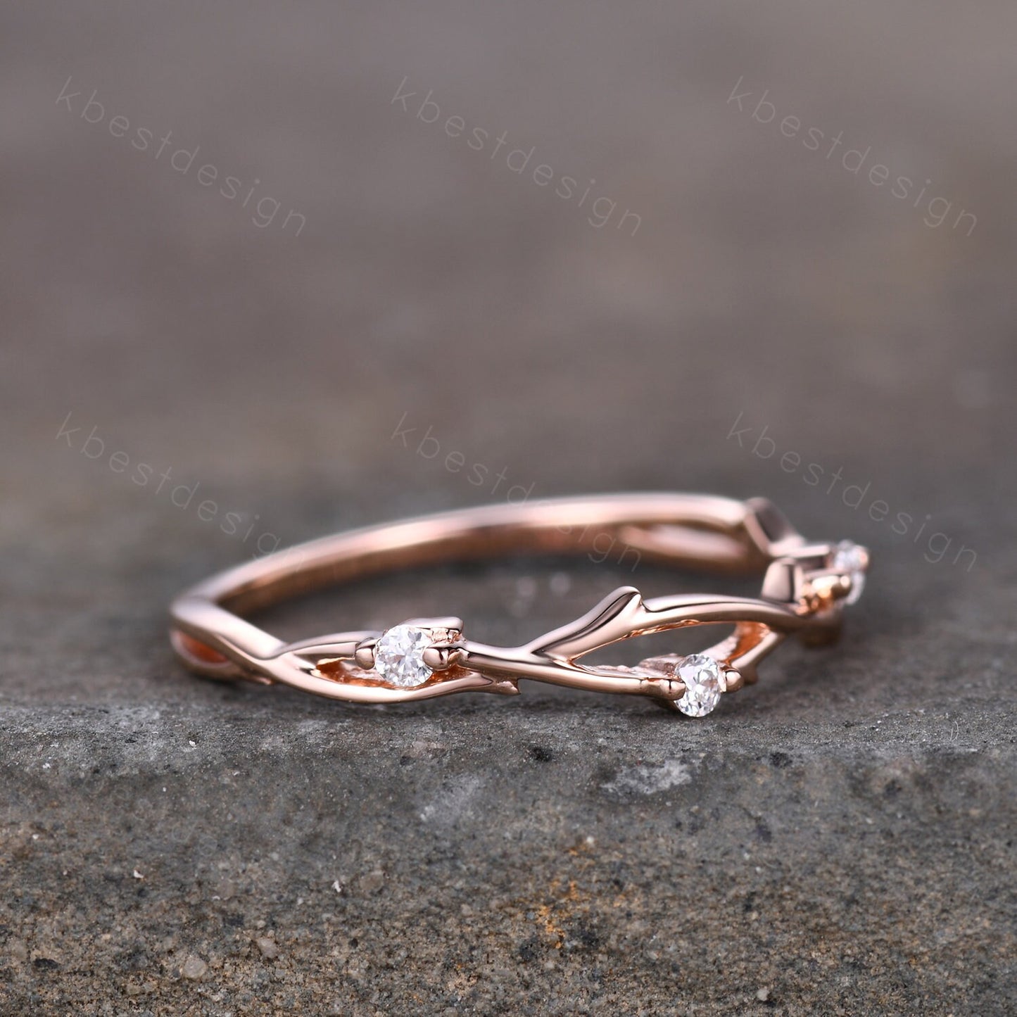 Twig moissanite wedding band rose gold art deco wedding ring for women three stone stacking band unique branch ring anniversary gift