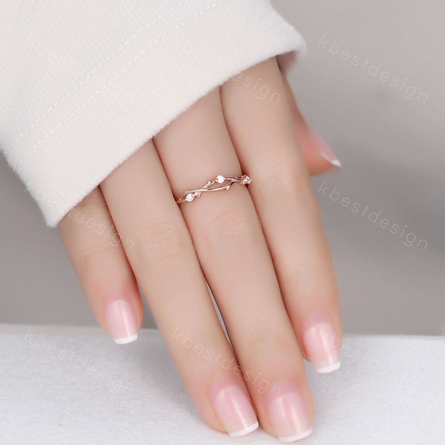 Twig moissanite wedding band rose gold art deco wedding ring for women three stone stacking band unique branch ring anniversary gift