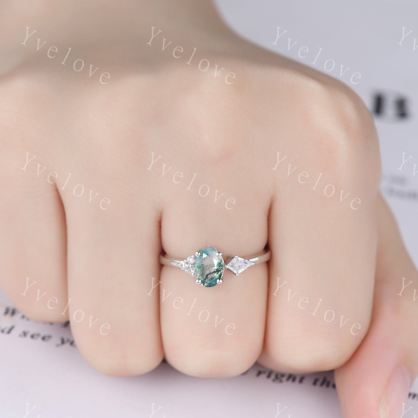 Vintage Moss Agate Ring Set,Moss Agate Engagement Ring,Enhancer Band,Double Curved Wedding band,Women Bridal Matching Stacking Band,Handmade