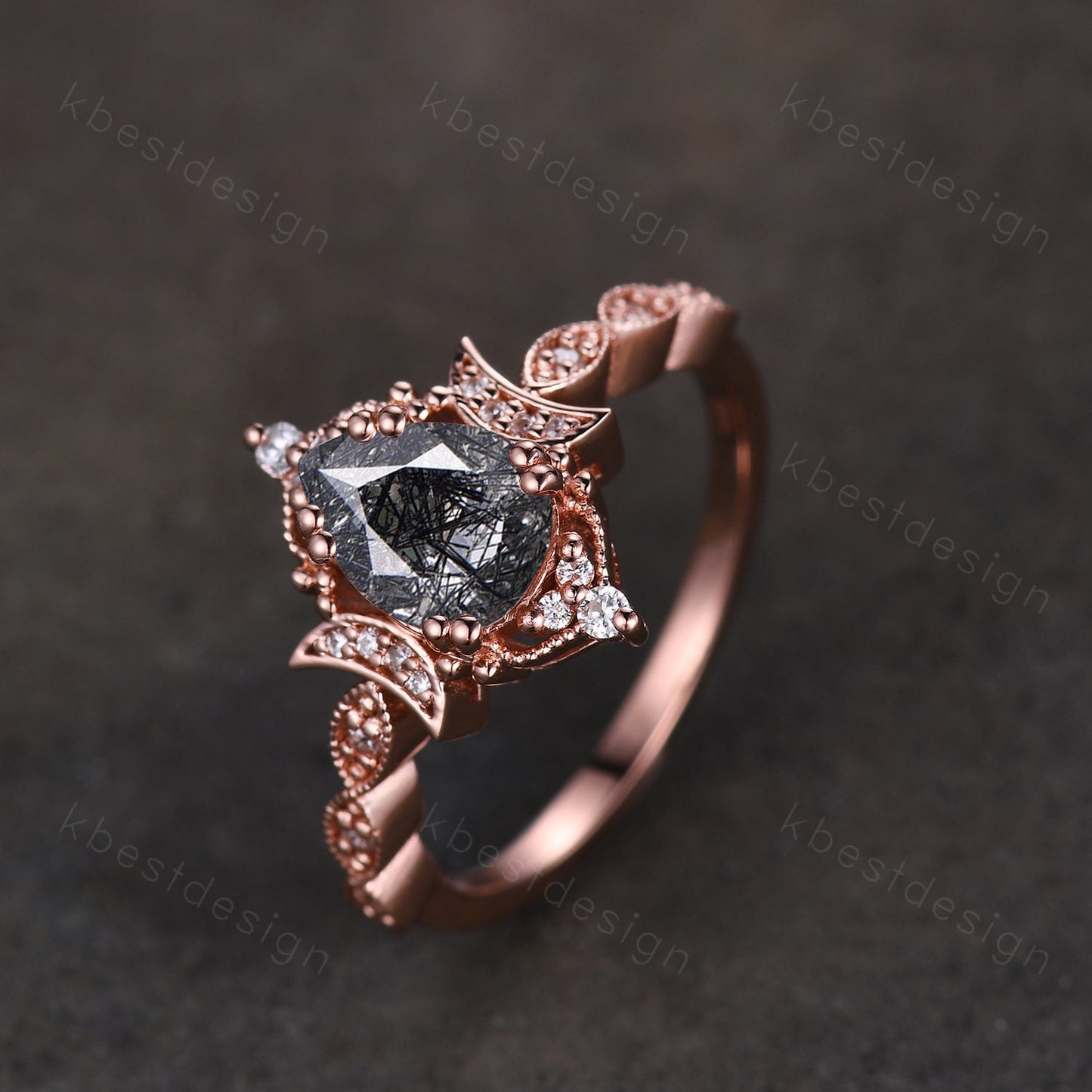 Pear shaped black rutilated quartz engagement ring unique moon style ring vintage art deco moissanite wedding ring bridal promise ring gift