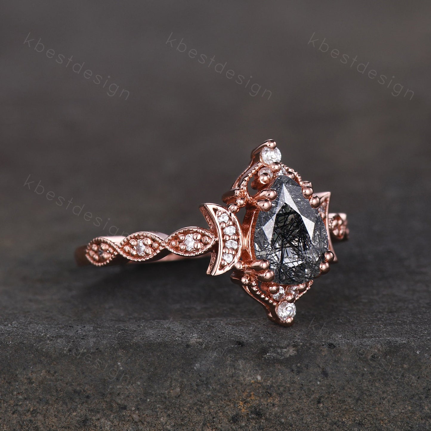 Pear shaped black rutilated quartz engagement ring unique moon style ring vintage art deco moissanite wedding ring bridal promise ring gift
