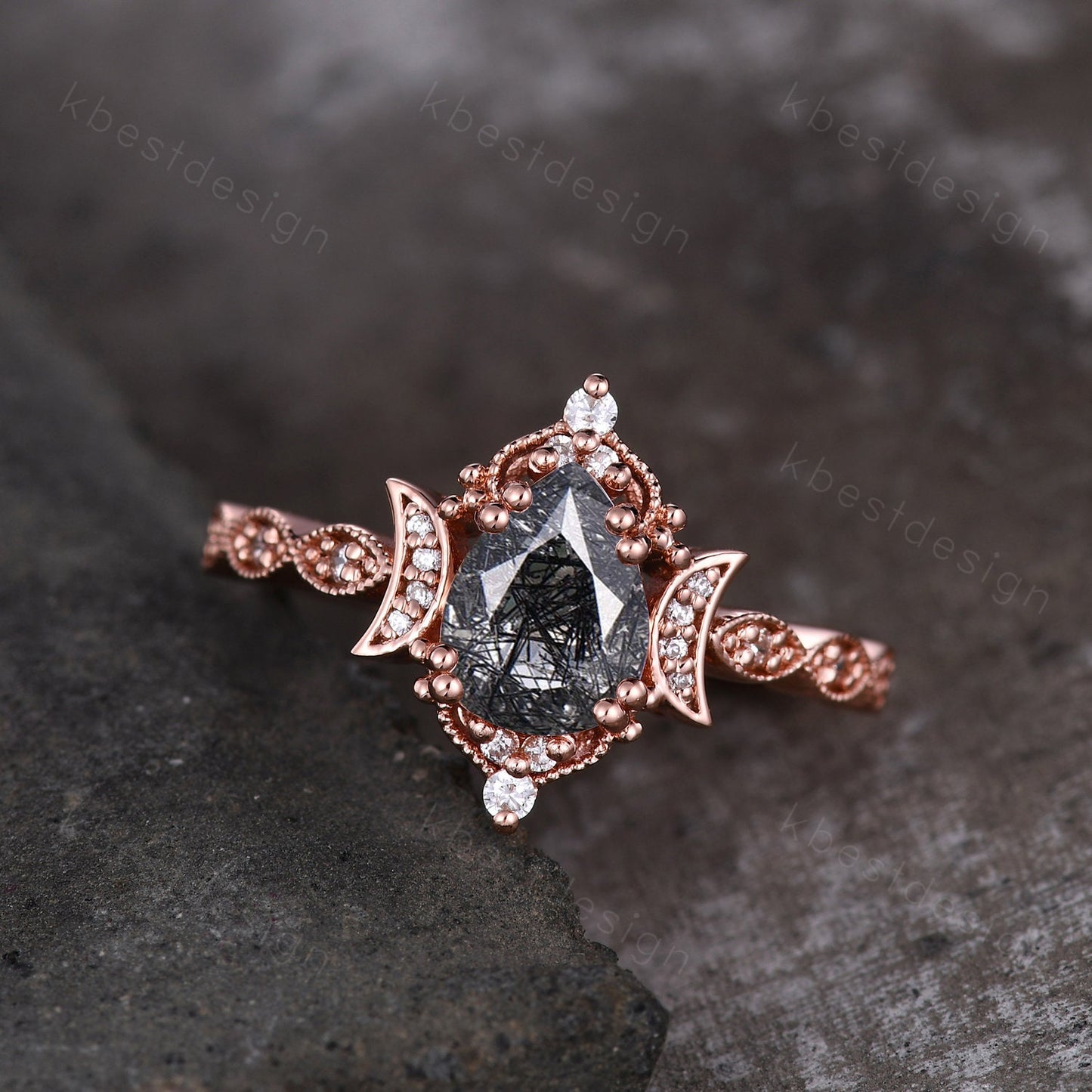 Pear shaped black rutilated quartz engagement ring unique moon style ring vintage art deco moissanite wedding ring bridal promise ring gift