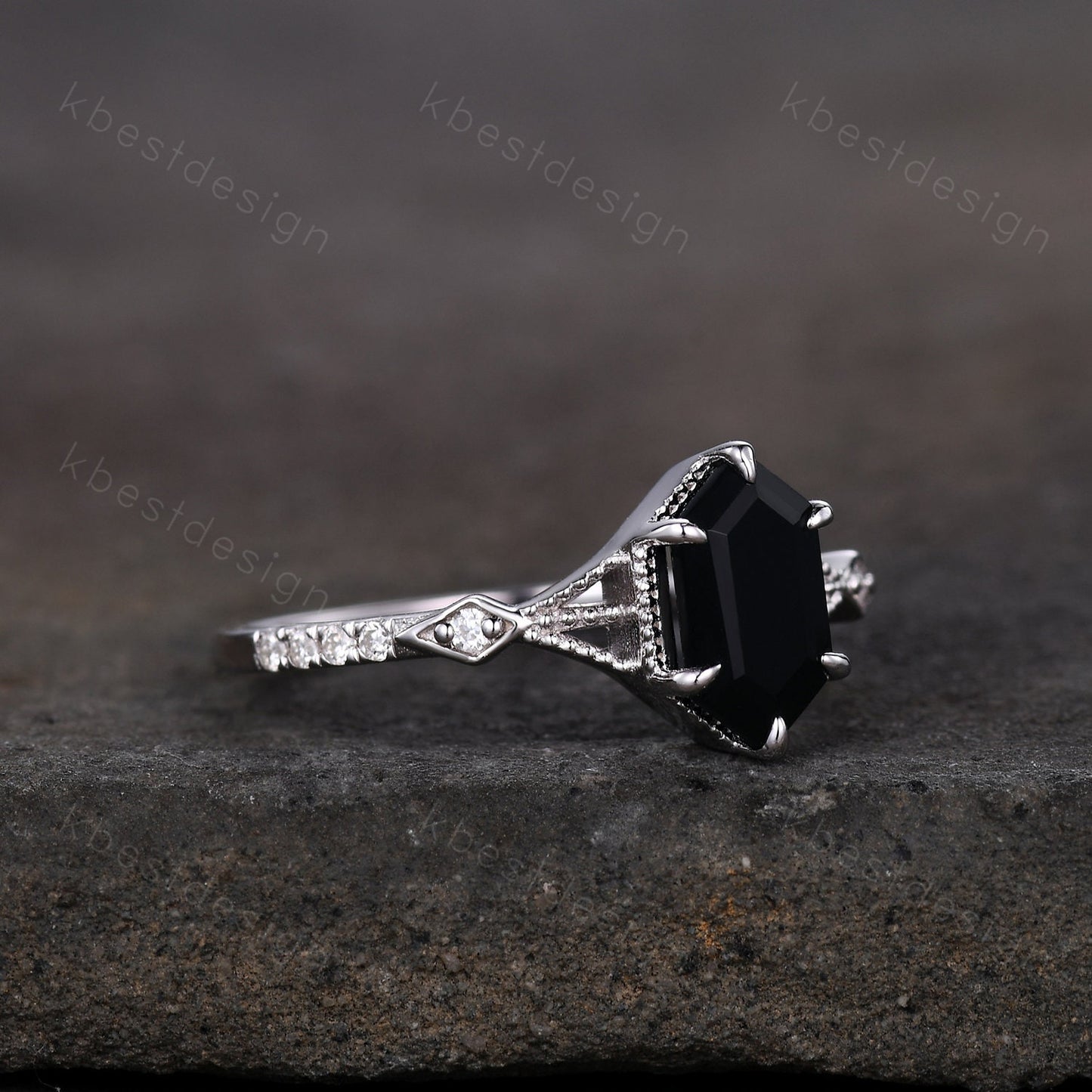 Elongated Hexagon cut Black Onyx Ring Silver Ring Art Deco Milgrain Moissanite Wedding Ring Black stone ring Antique Bridal Promise Ring