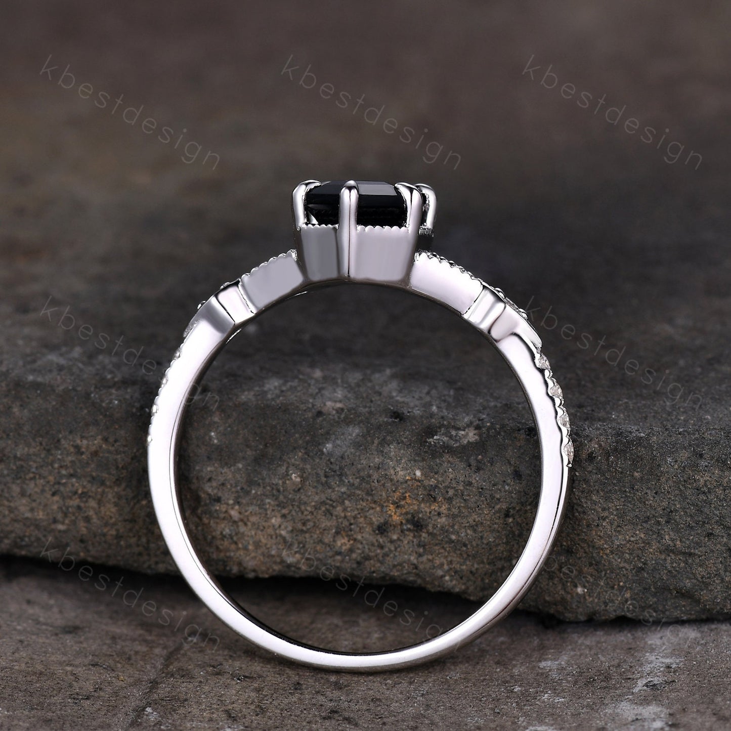 Elongated Hexagon cut Black Onyx Ring Silver Ring Art Deco Milgrain Moissanite Wedding Ring Black stone ring Antique Bridal Promise Ring