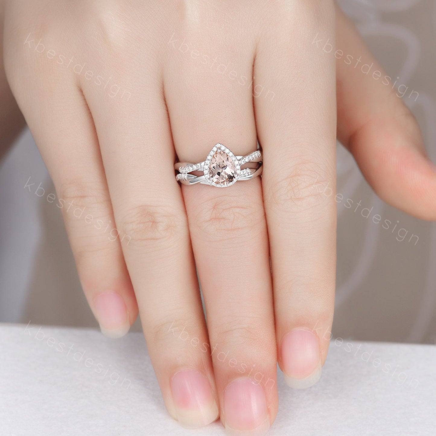 Vintage Morganite Engagement Ring Set White Gold Teardrop Peach Morganite Ring Unique Twisted Moissanite Wedding Band Bridal Promise Ring