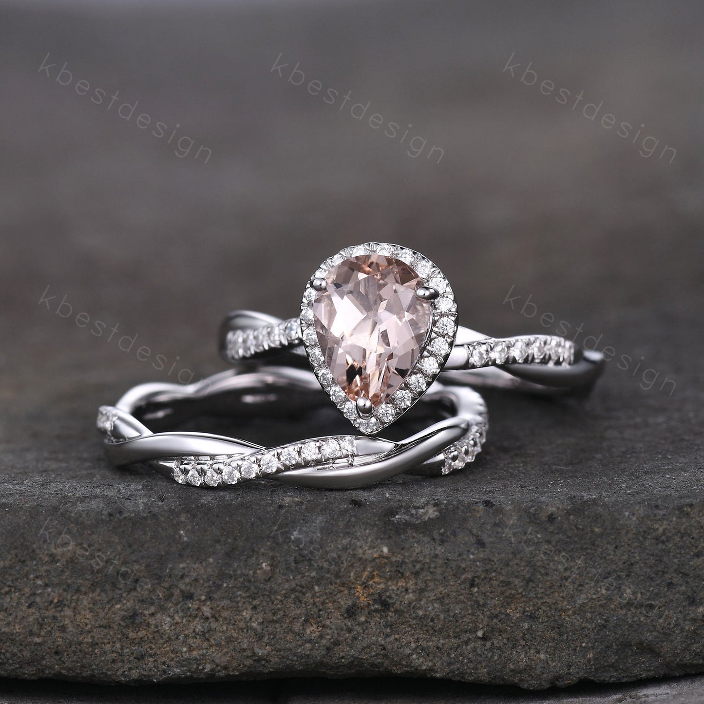 Vintage Morganite Engagement Ring Set White Gold Teardrop Peach Morganite Ring Unique Twisted Moissanite Wedding Band Bridal Promise Ring