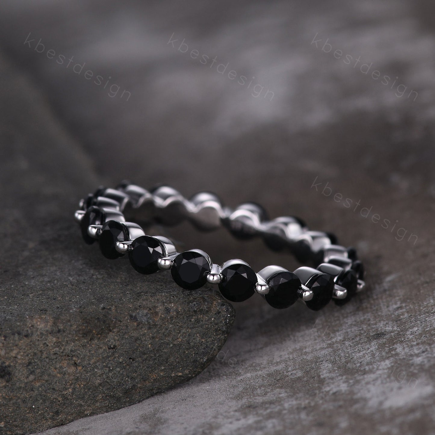 3MM Round Cut Black Spinel Wedding Band Unique Black Stone Engagement Band Eternity Stacking Band Ring Bubble Prong set Bridal Promise gift