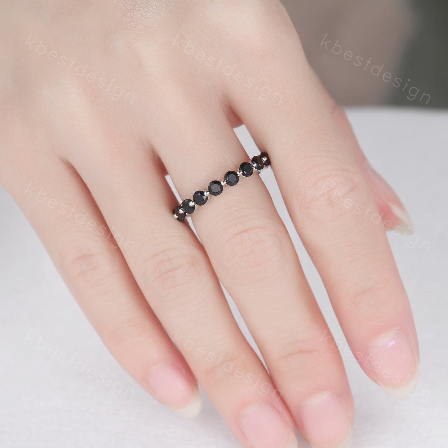 3MM Round Cut Black Spinel Wedding Band Unique Black Stone Engagement Band Eternity Stacking Band Ring Bubble Prong set Bridal Promise gift