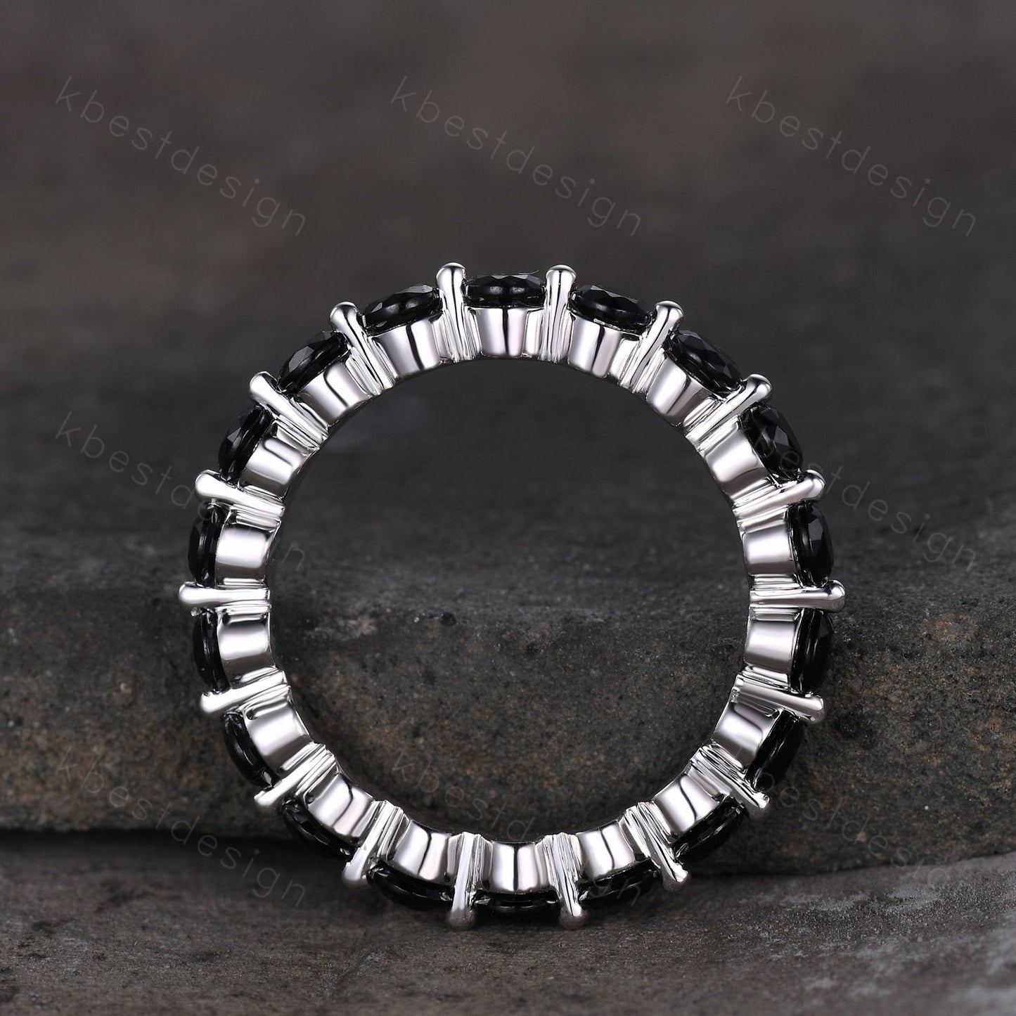 3MM Round Cut Black Spinel Wedding Band Unique Black Stone Engagement Band Eternity Stacking Band Ring Bubble Prong set Bridal Promise gift