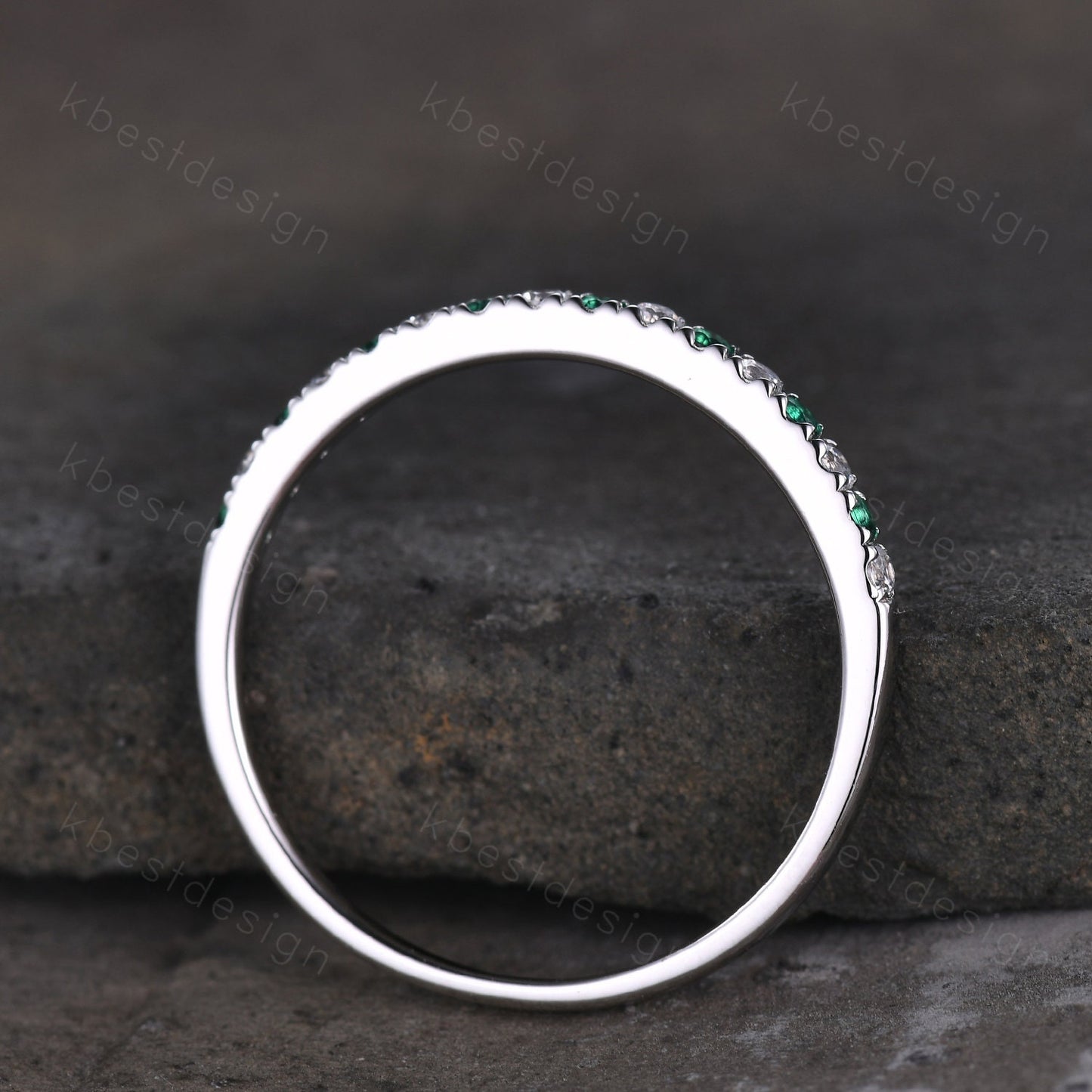Half Eternity Emerald Wedding Band 1.5mm Emerald Moissanite Wedding Band May Birthstone Ring Pave Stacking Band Anniversary Gift for Her